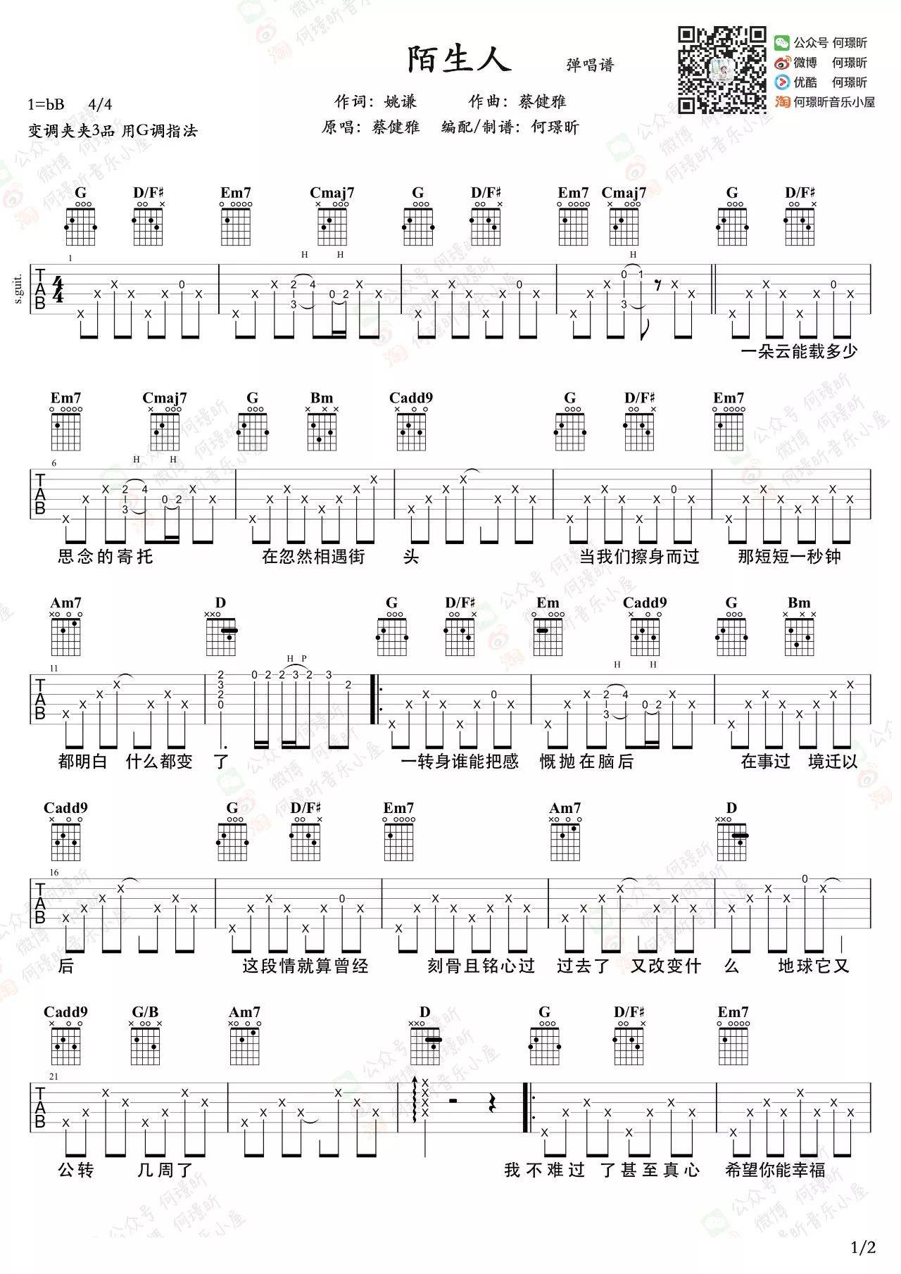 陌生人吉他谱预览图