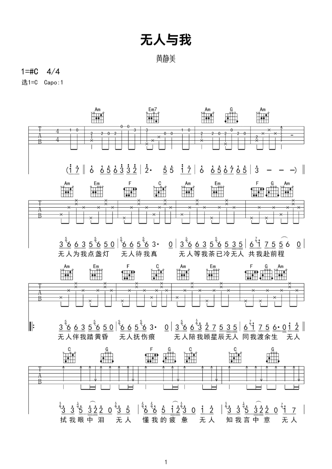 无人与我吉他谱预览图