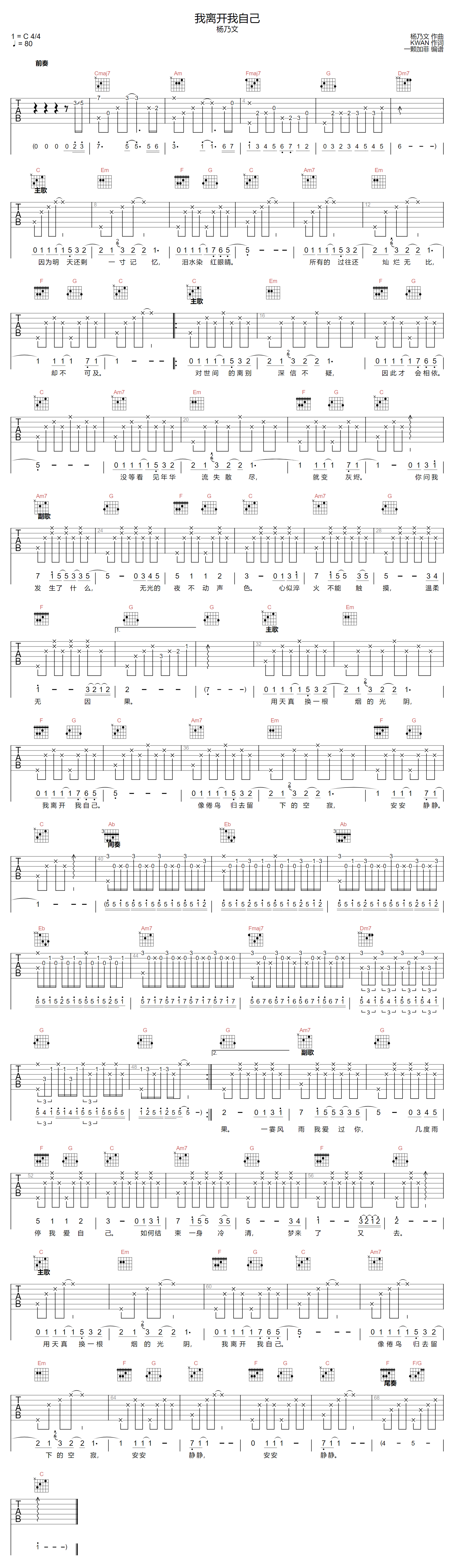 我离开我自己吉他谱预览图