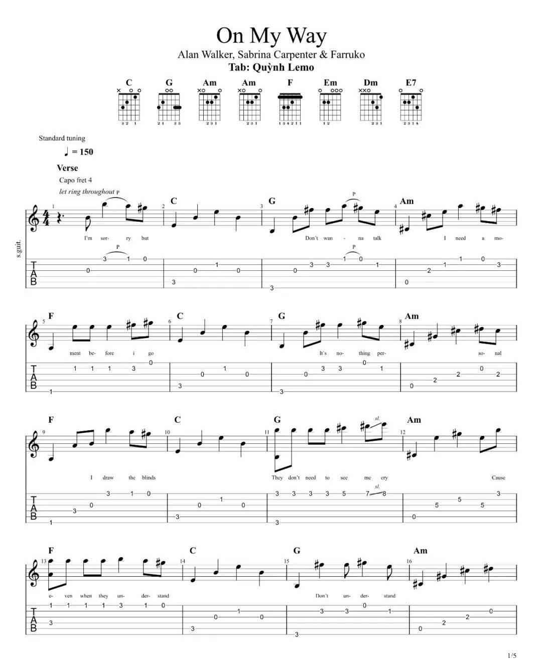 On-My-Way指弹吉他谱预览图