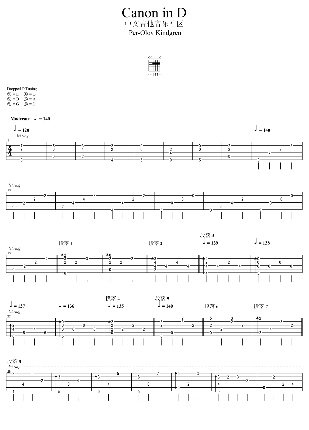 卡农指弹吉他谱预览图