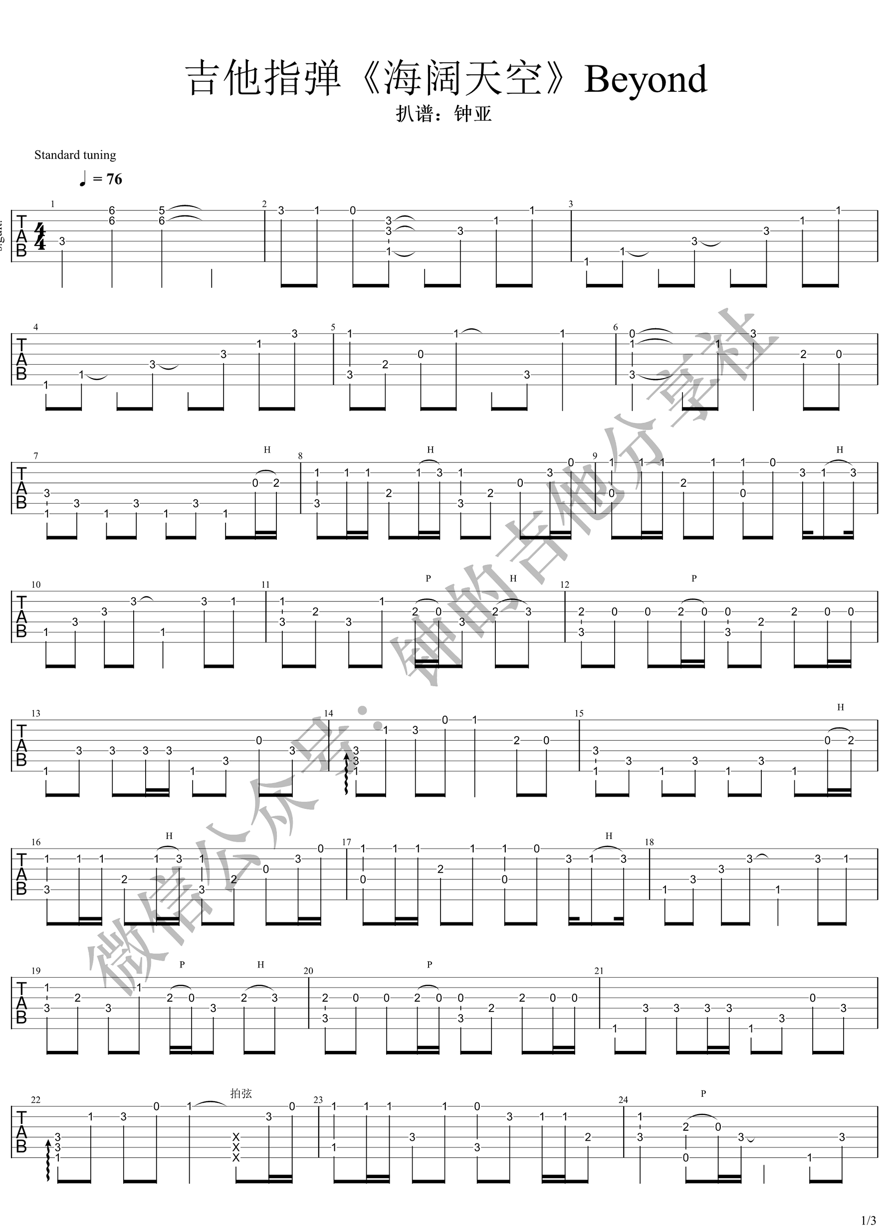 海阔天空指弹吉他谱预览图