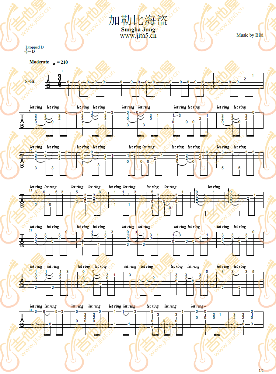 加勒比海盗指弹吉他谱预览图