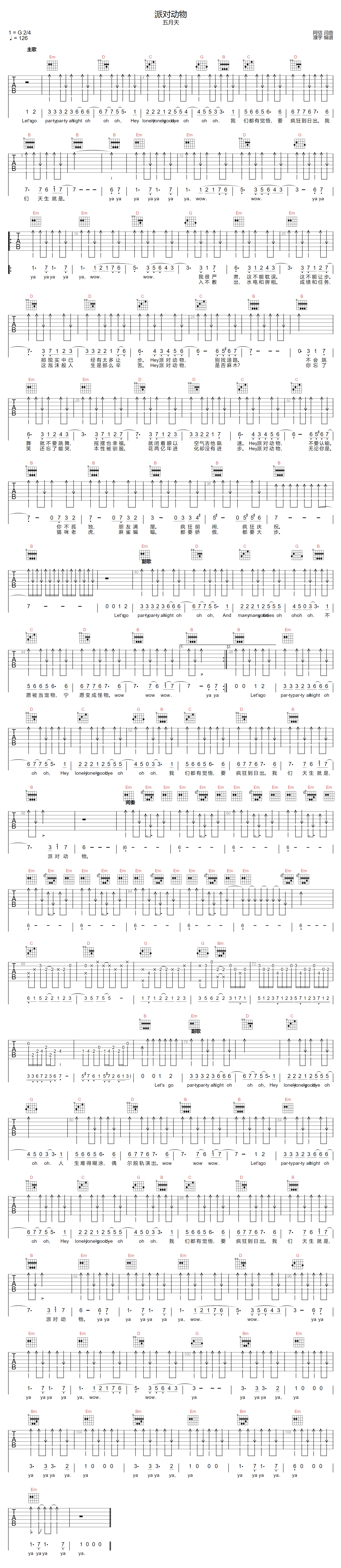 派对动物吉他谱预览图