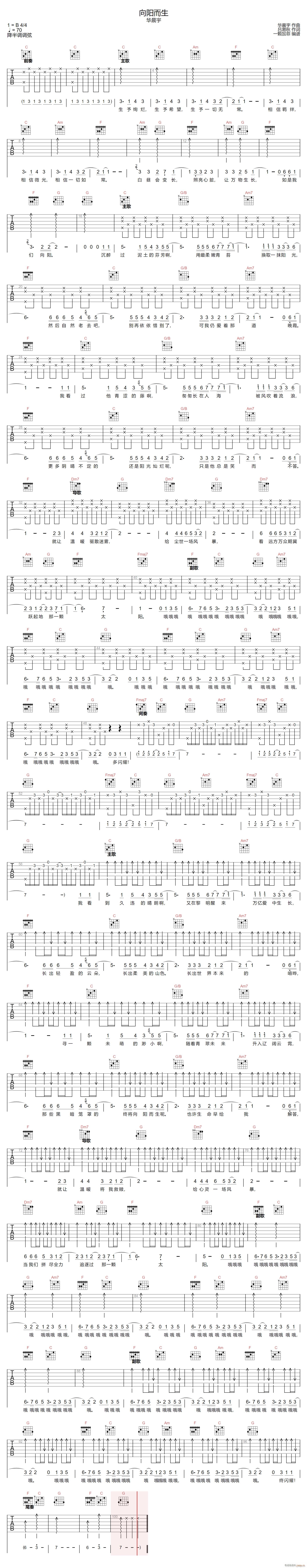 向阳而生 C调指法编配(吉他谱)1