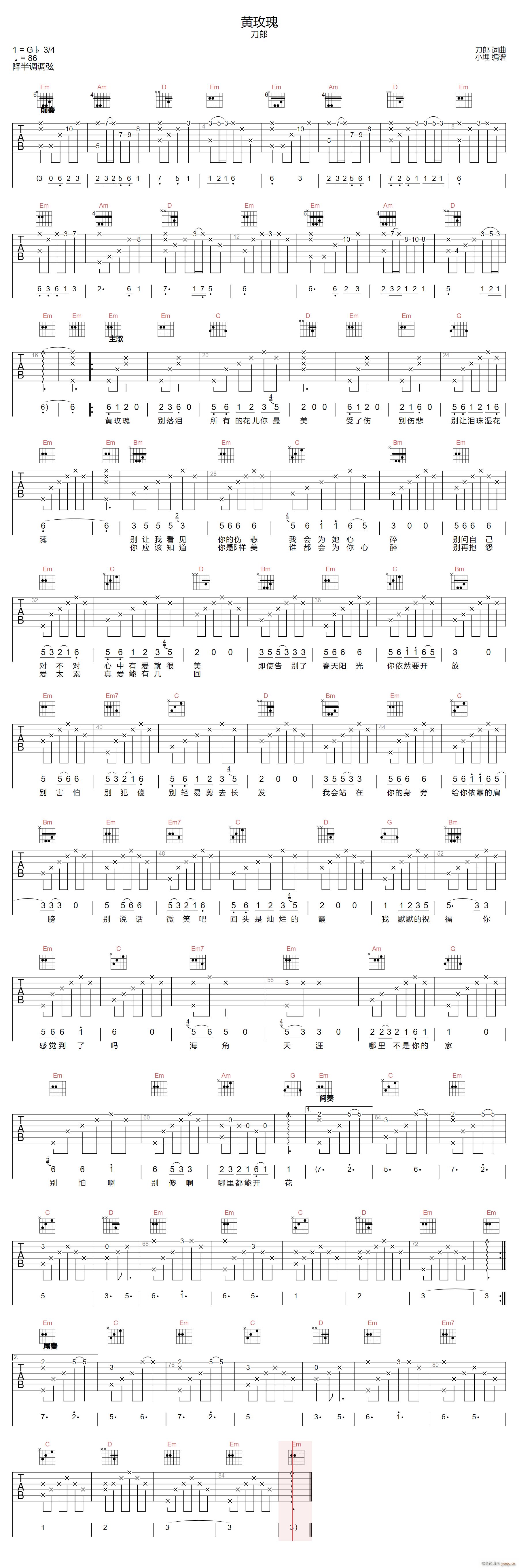 黄玫瑰 G调指法原版编配(吉他谱)1