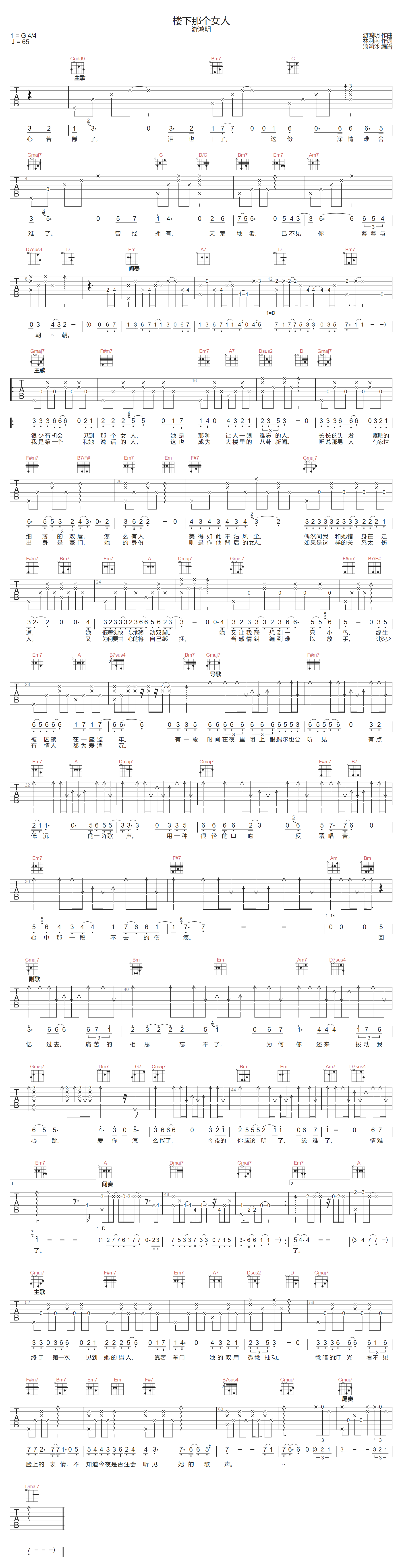楼下那个女人吉他谱_游鸿明_G调原版六线谱_吉他弹唱谱