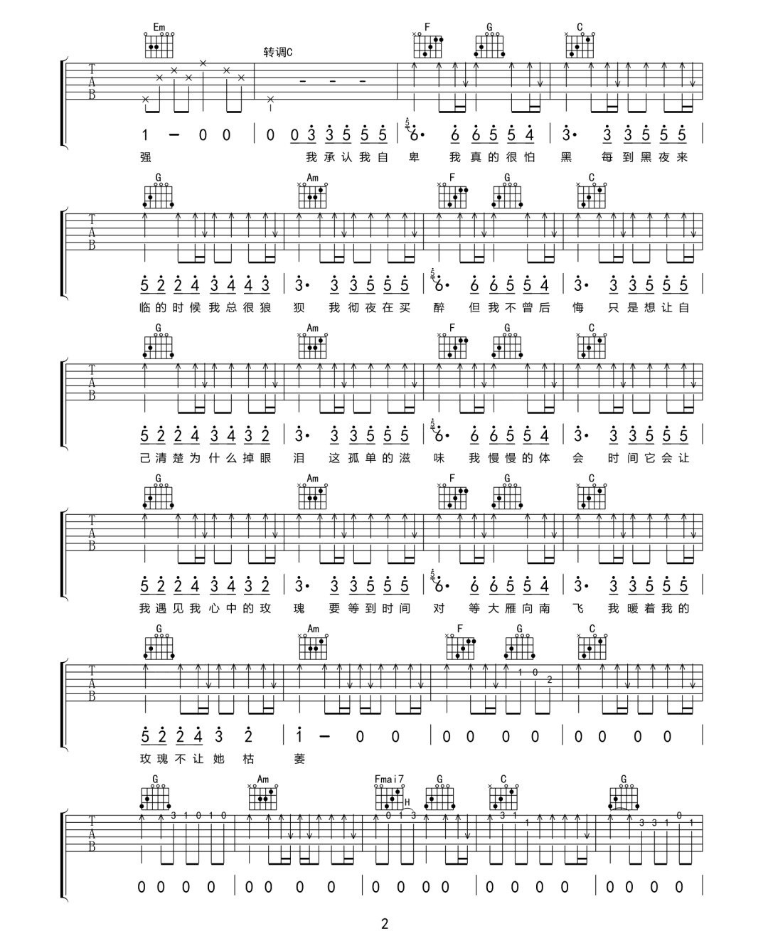 孤芳自赏吉他谱_杨小壮_G调原版指法六线谱_吉他弹唱谱2