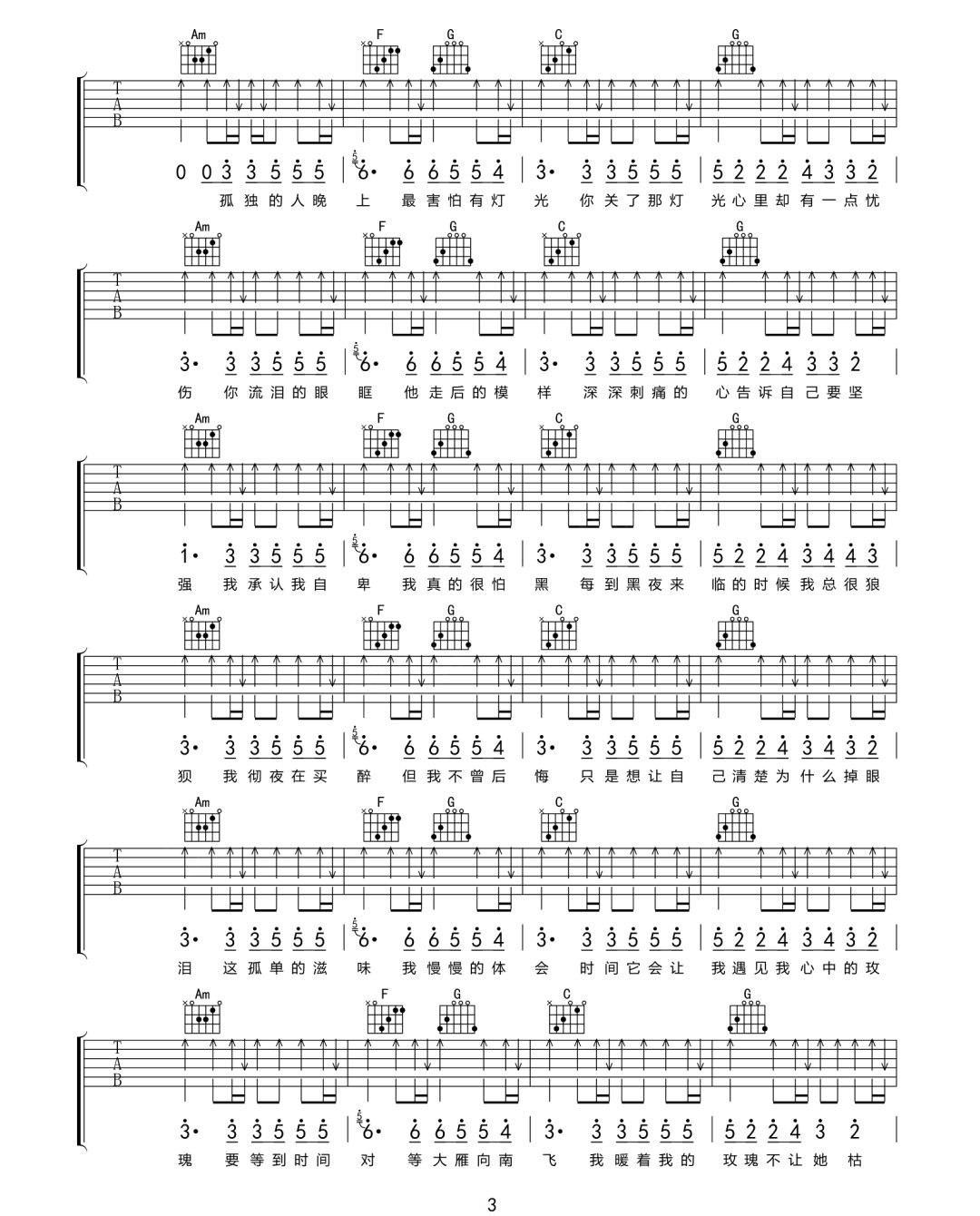 孤芳自赏吉他谱_杨小壮_G调原版指法六线谱_吉他弹唱谱3