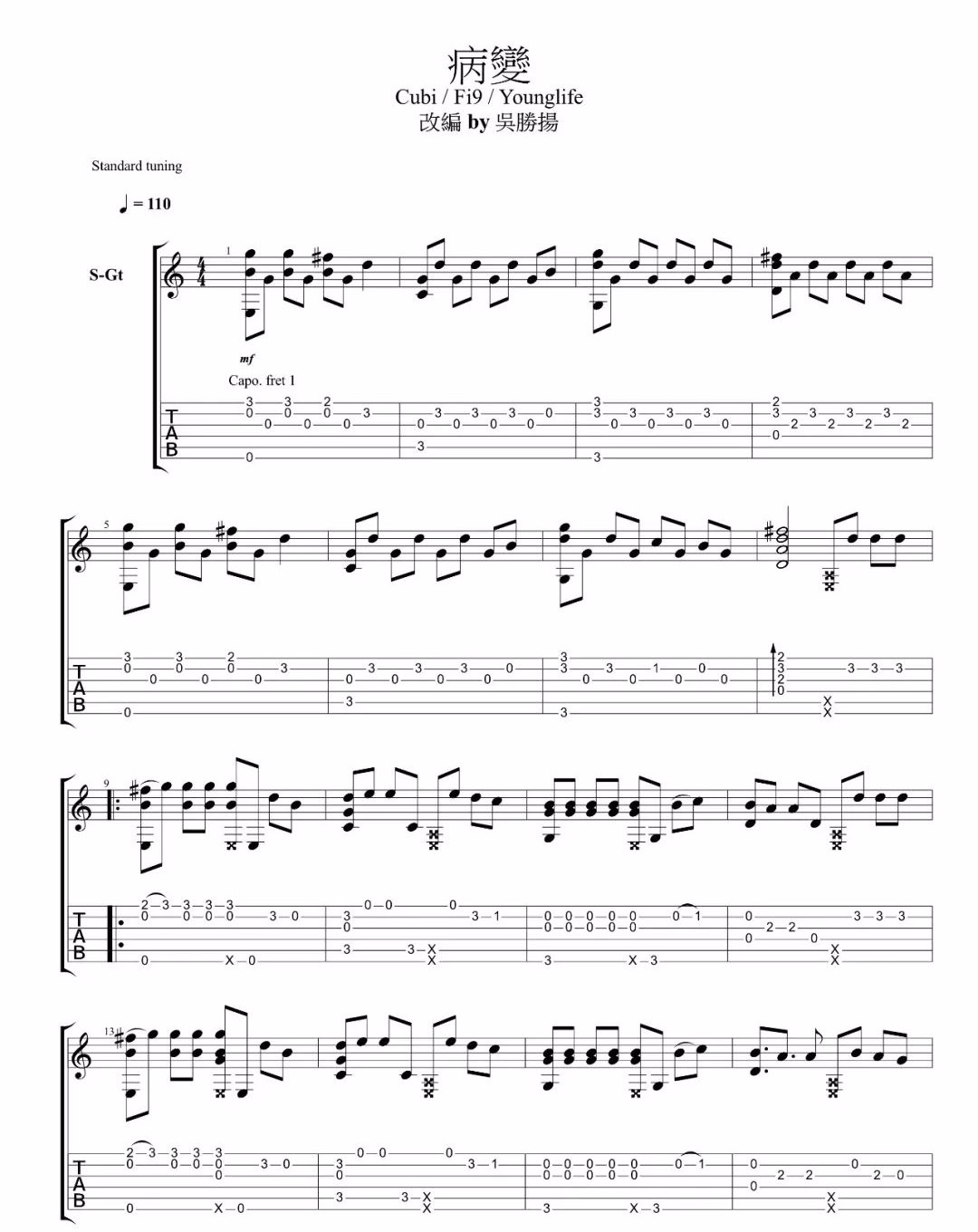 病变指弹吉他谱_cubi_高清独奏六线谱_吉他指弹教学1