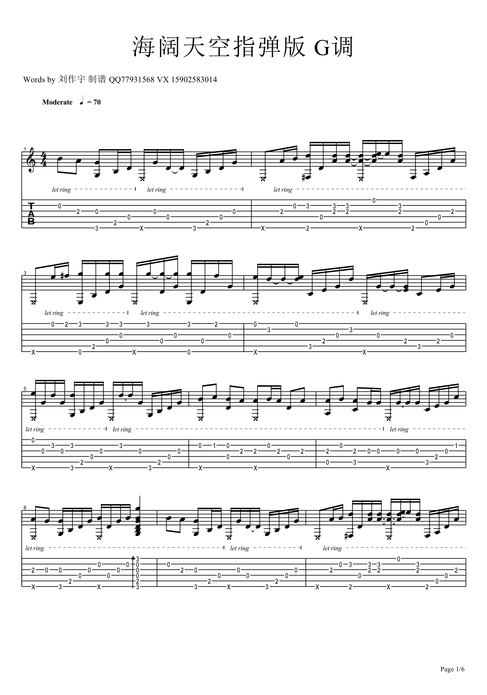 海阔天空指弹谱_Beyond_吉他指弹谱_简单版独奏六线谱1