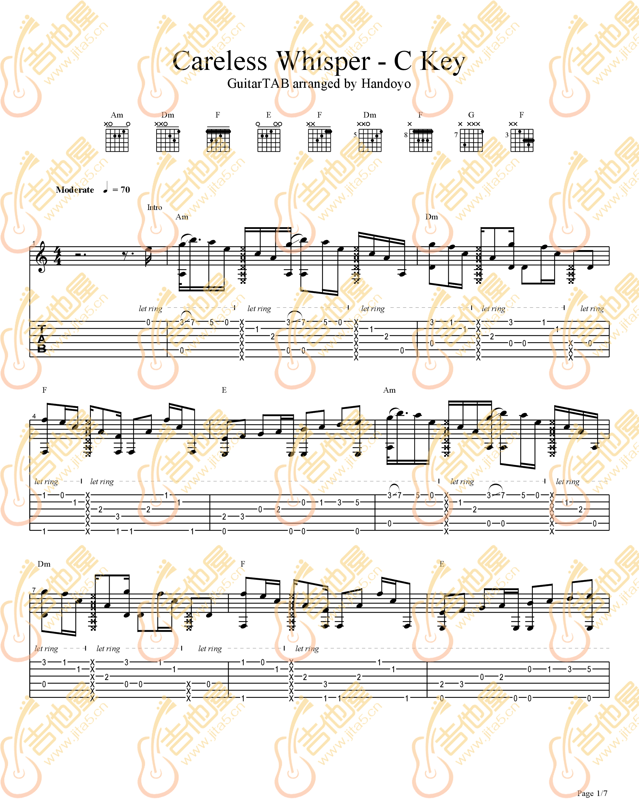 Careless Whisper指弹吉他谱_吉他指弹谱_高清独奏六线谱1