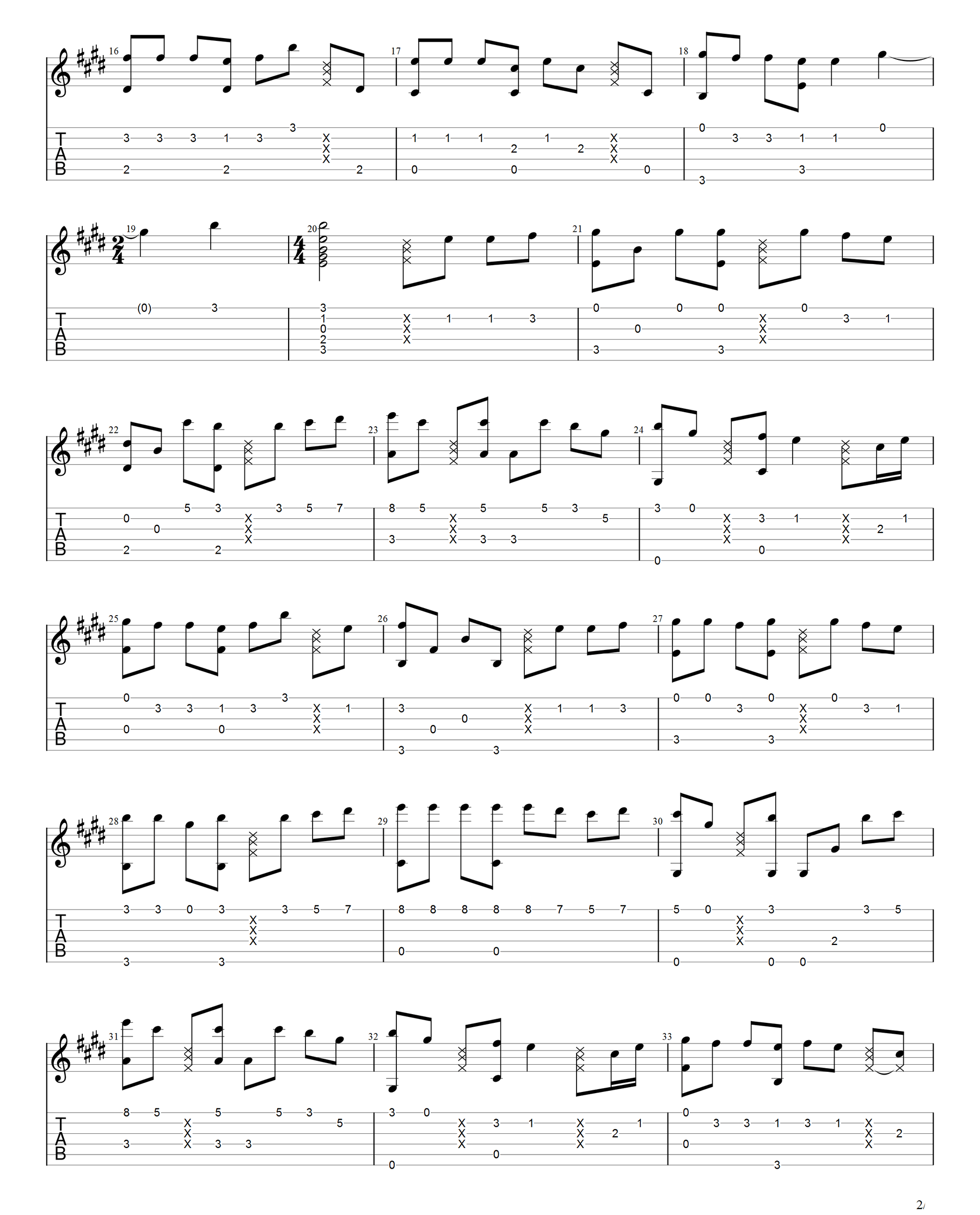 纸短情长指弹谱_烟把儿乐队_吉他指弹谱_高清独奏六线谱2