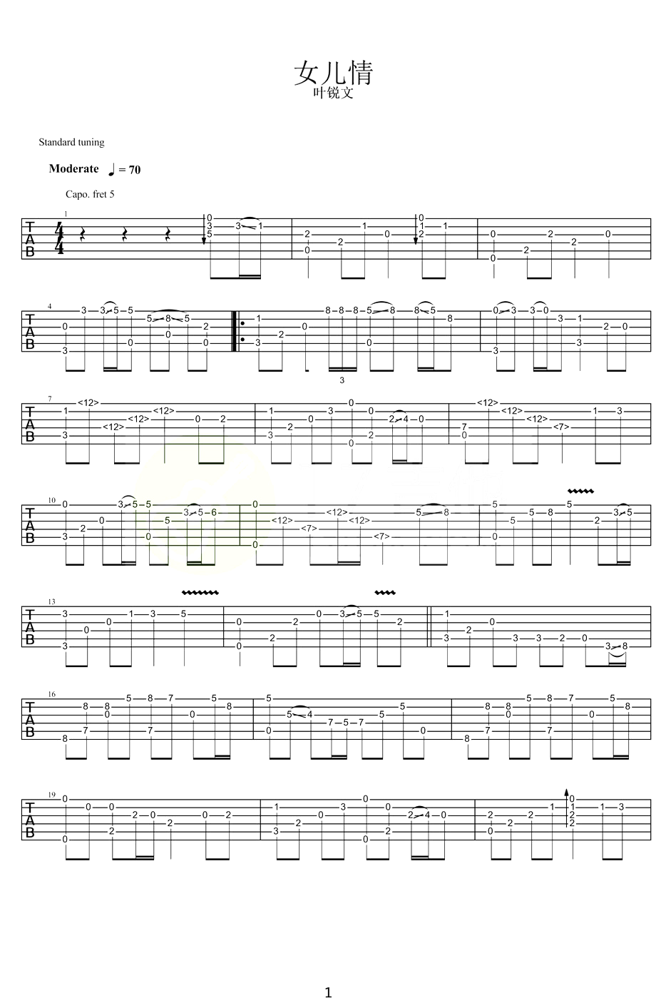 女儿情指弹吉他谱_叶锐文_吉他指弹谱_高清独奏六线谱1