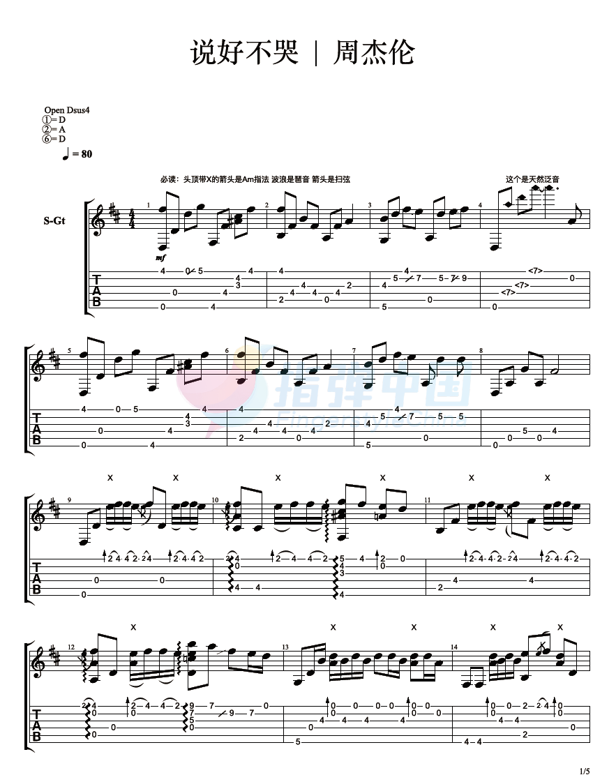 说好不哭指弹吉他谱_周杰伦_吉他指弹谱_高清独奏六线谱1