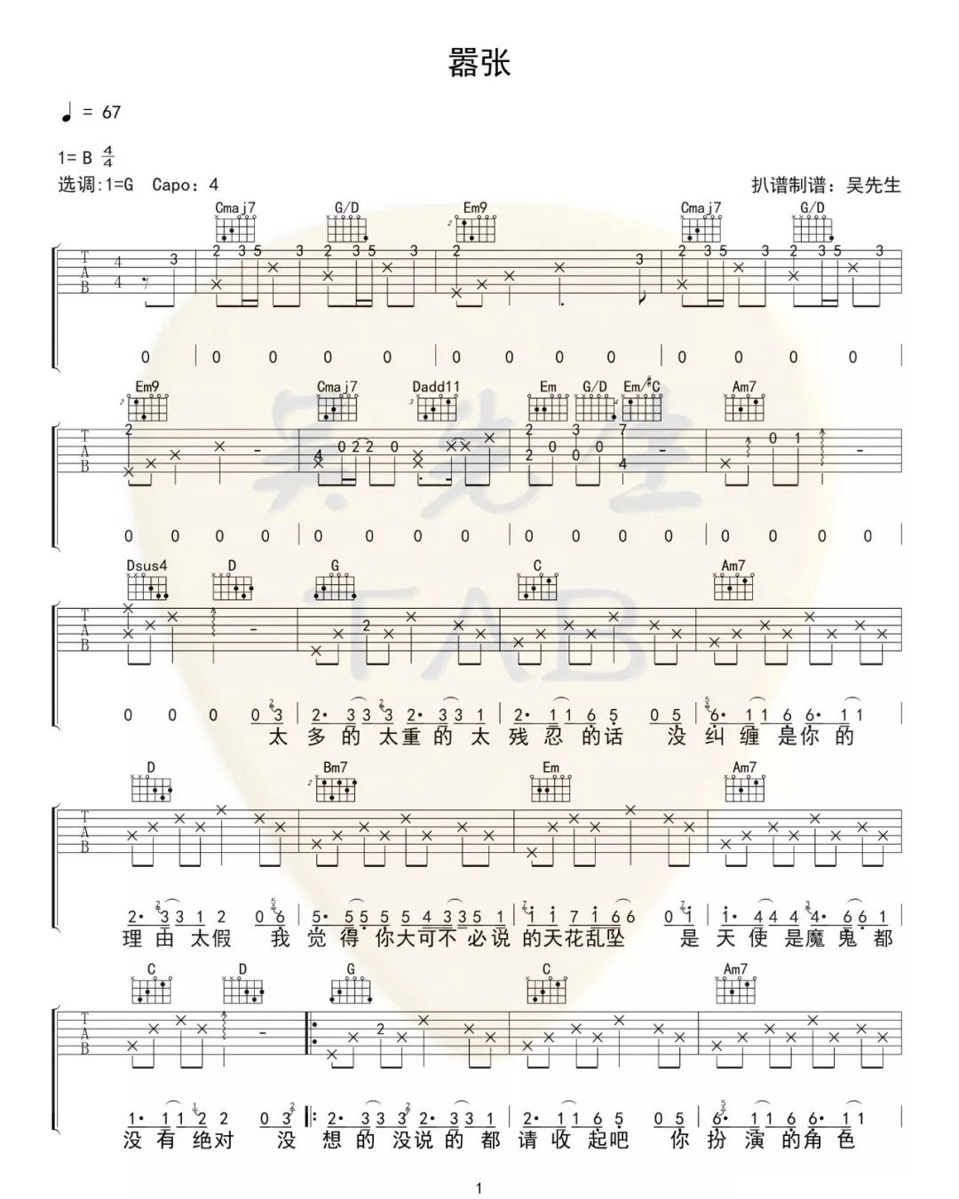 嚣张吉他谱1-en-G调指法