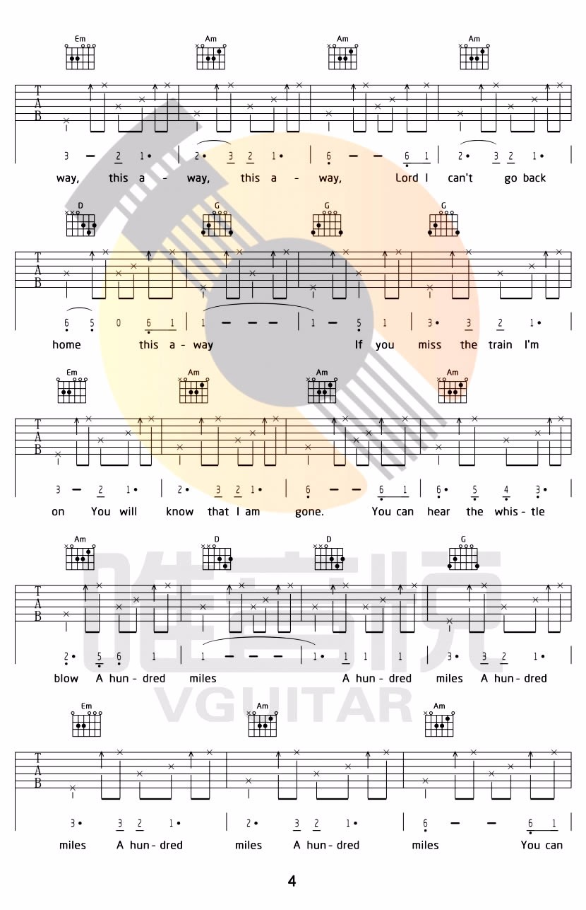 500miles吉他谱4-G调指法