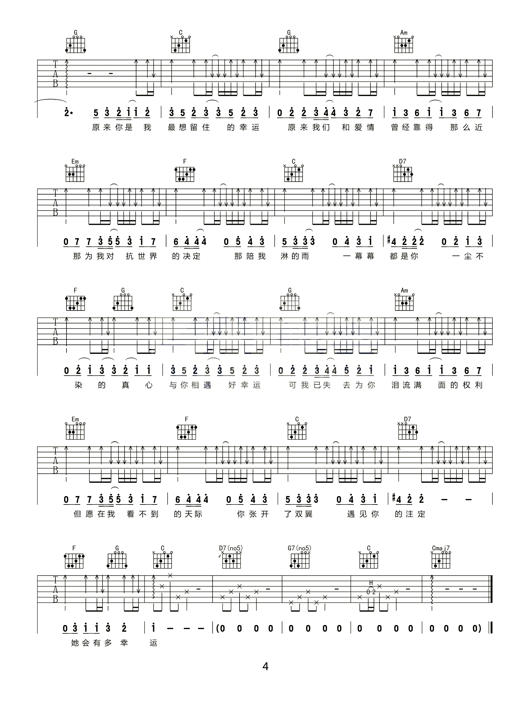 小幸运吉他谱4-田馥甄-C调指法