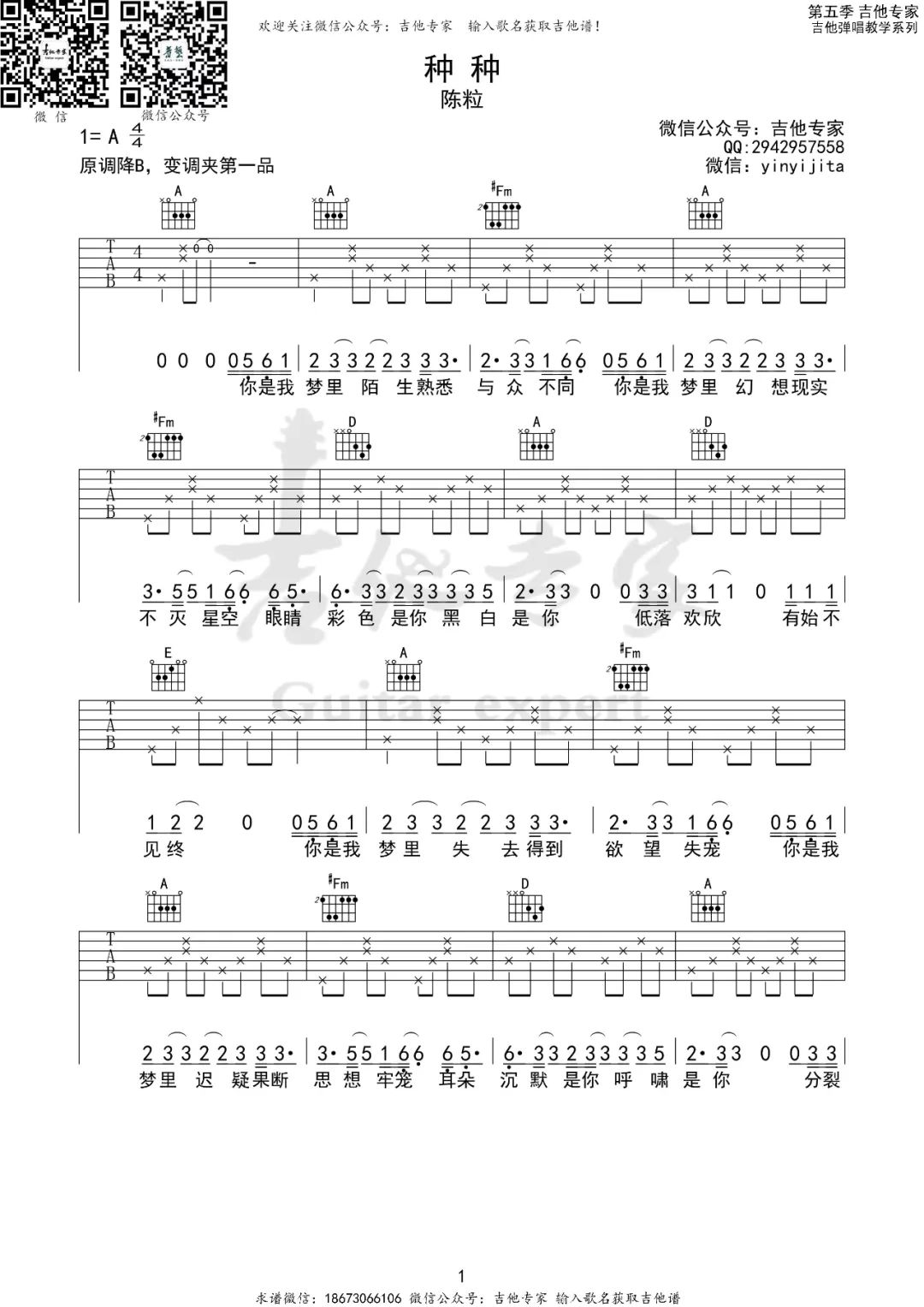 种种吉他谱1-陈粒-A调指法