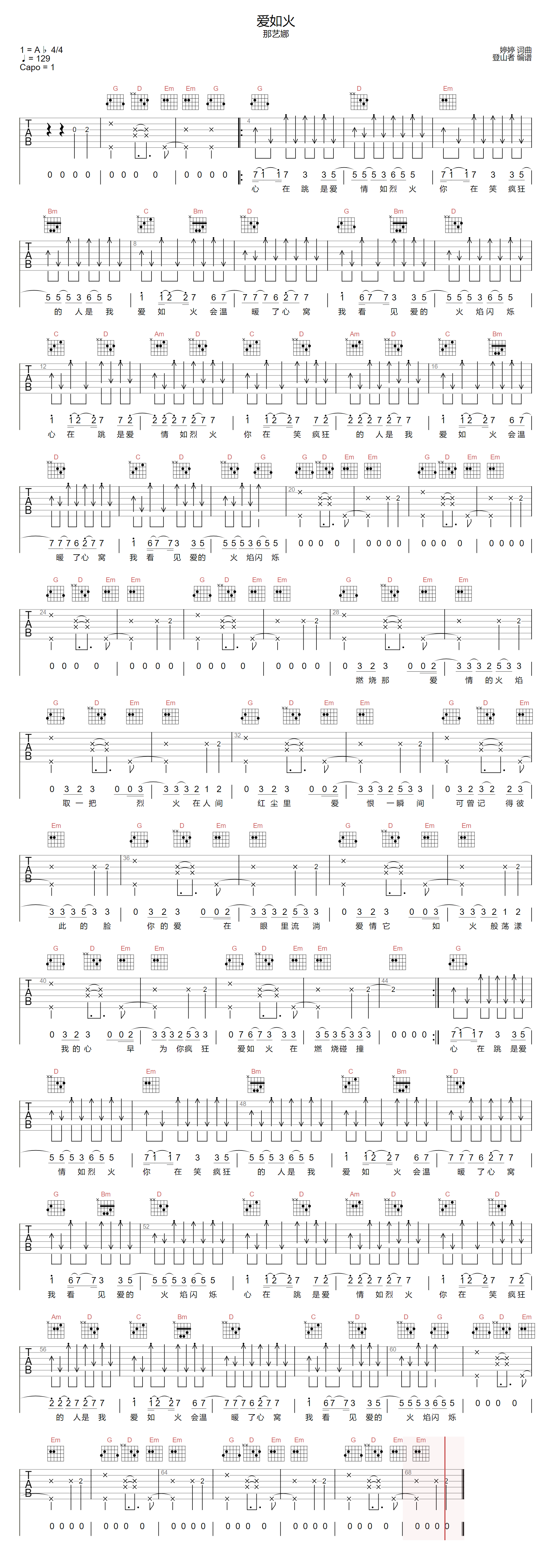爱如火吉他谱-那艺娜-G调指法