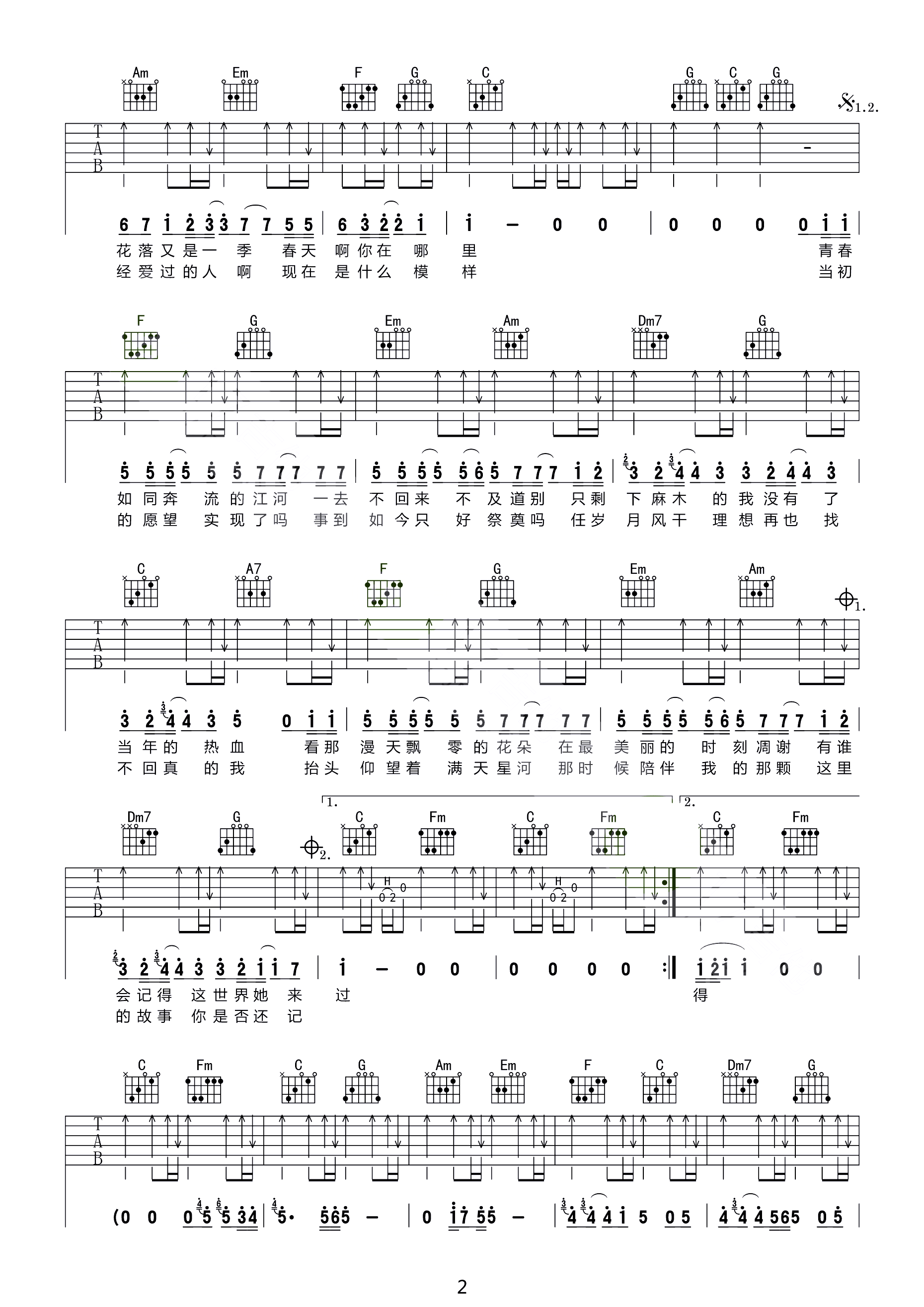 老男孩吉他谱2-筷子兄弟-C调指法