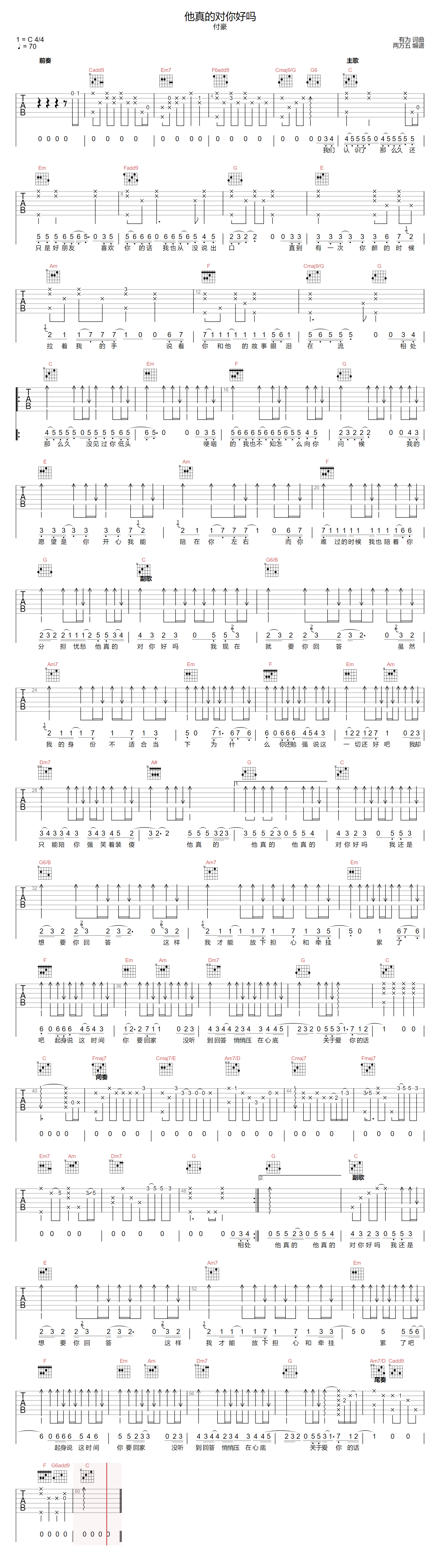 他真的对你好吗吉他谱-付豪-C调指法