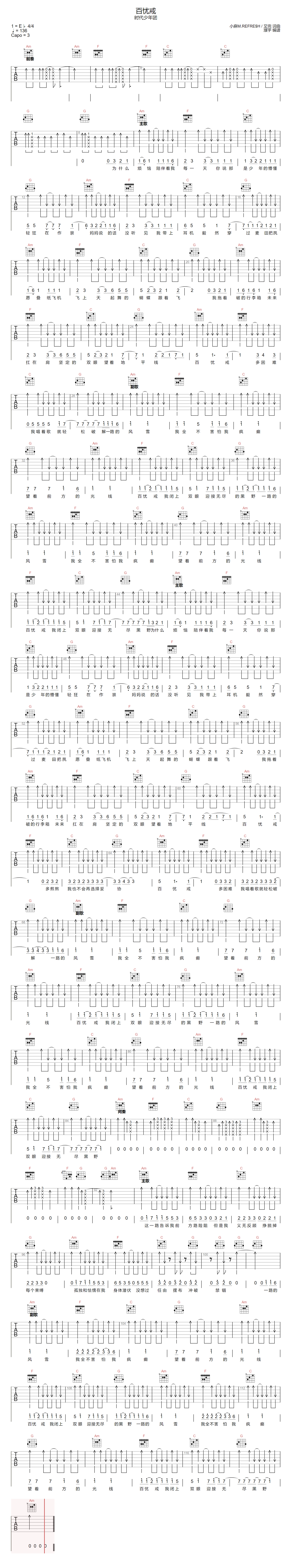 百忧戒吉他谱-时代少年团-C调指法