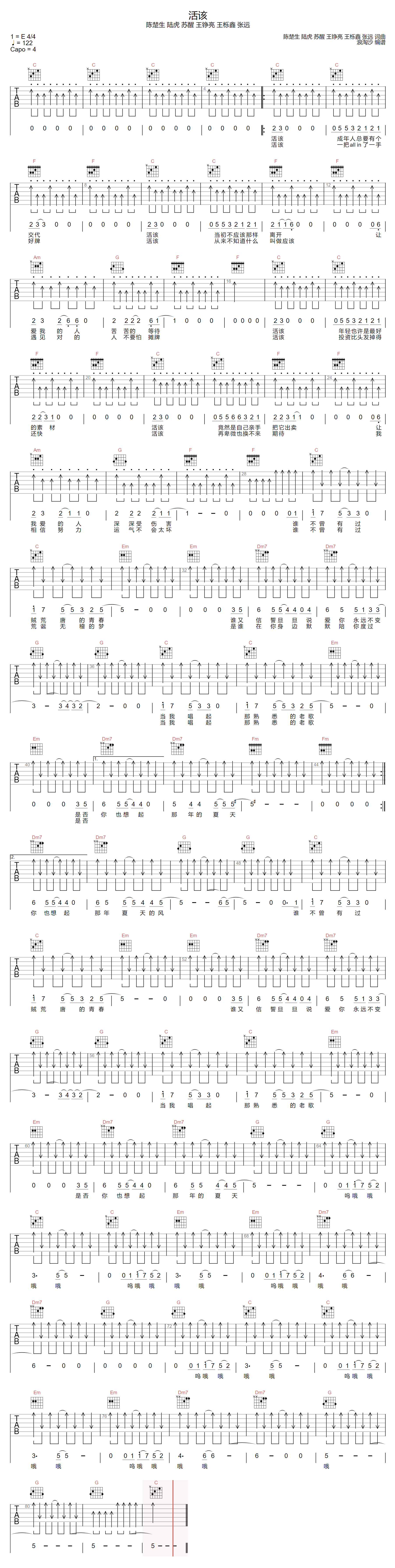 活该吉他谱-陈楚生-C调指法