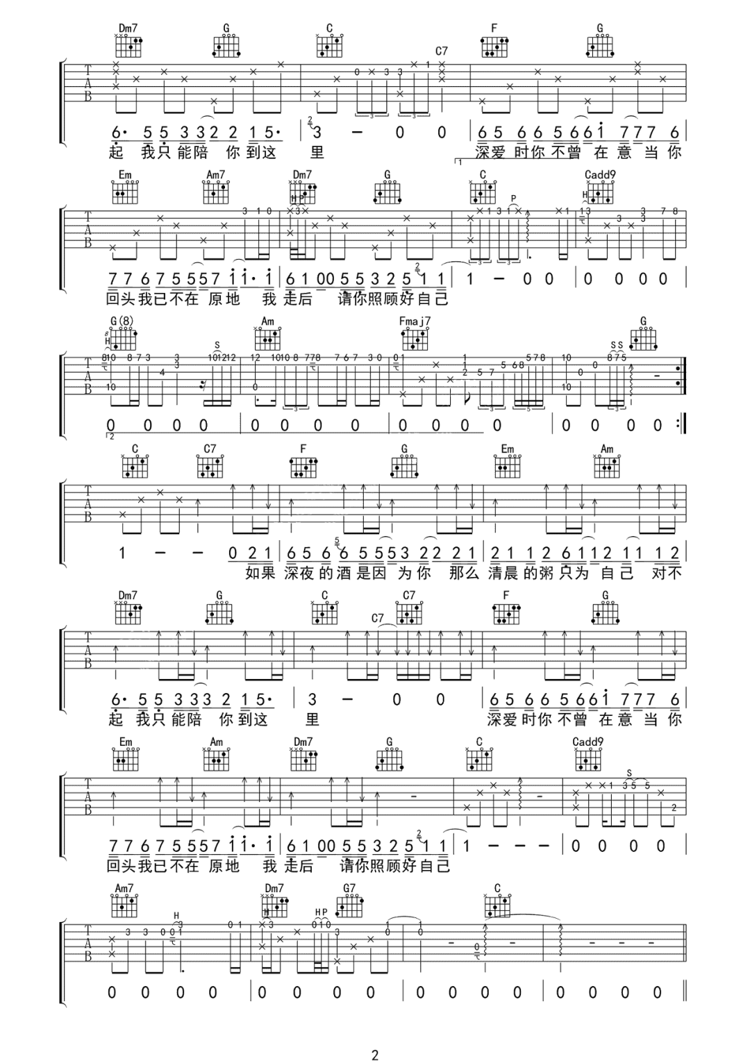 不待吉他谱2-忱忱老板-C调指法