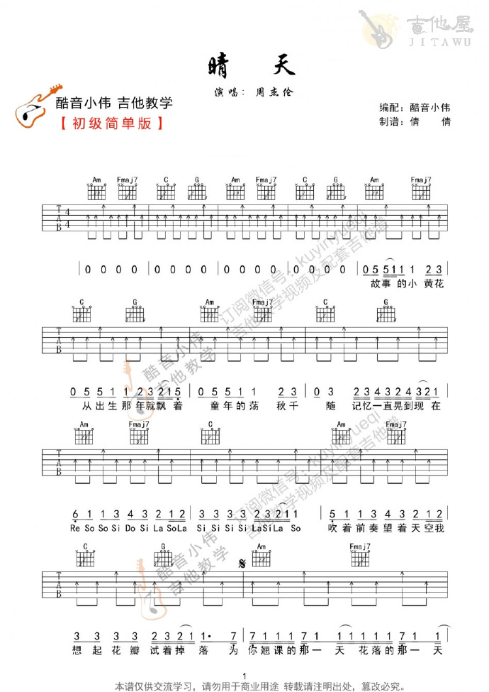 晴天吉他谱1-周杰伦-C调指法
