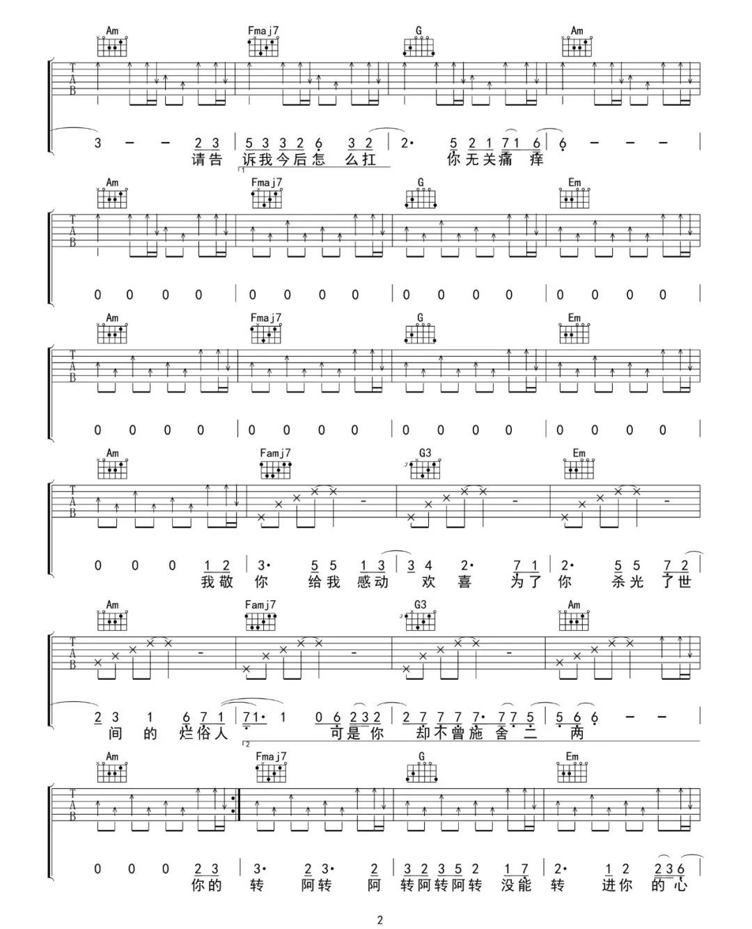 你的酒馆对我打了烊吉他谱2-陈雪凝-C调指法