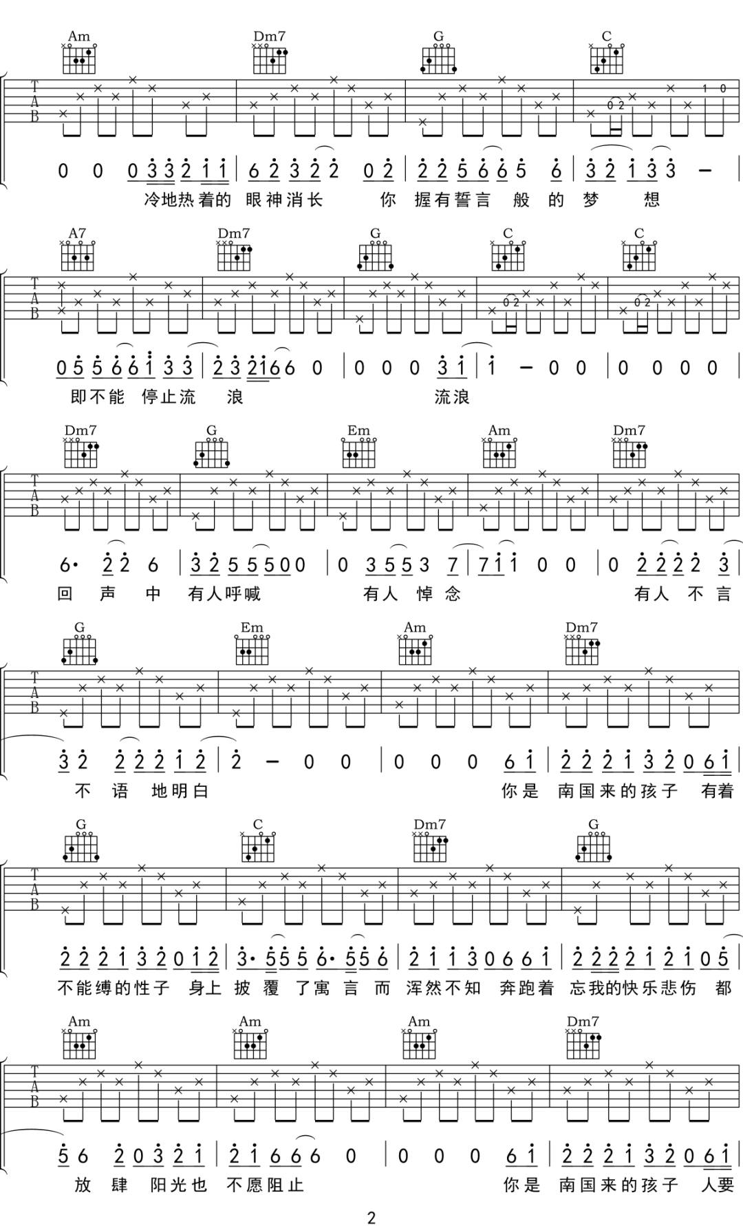 南国的孩子吉他谱2-张悬-C调指法