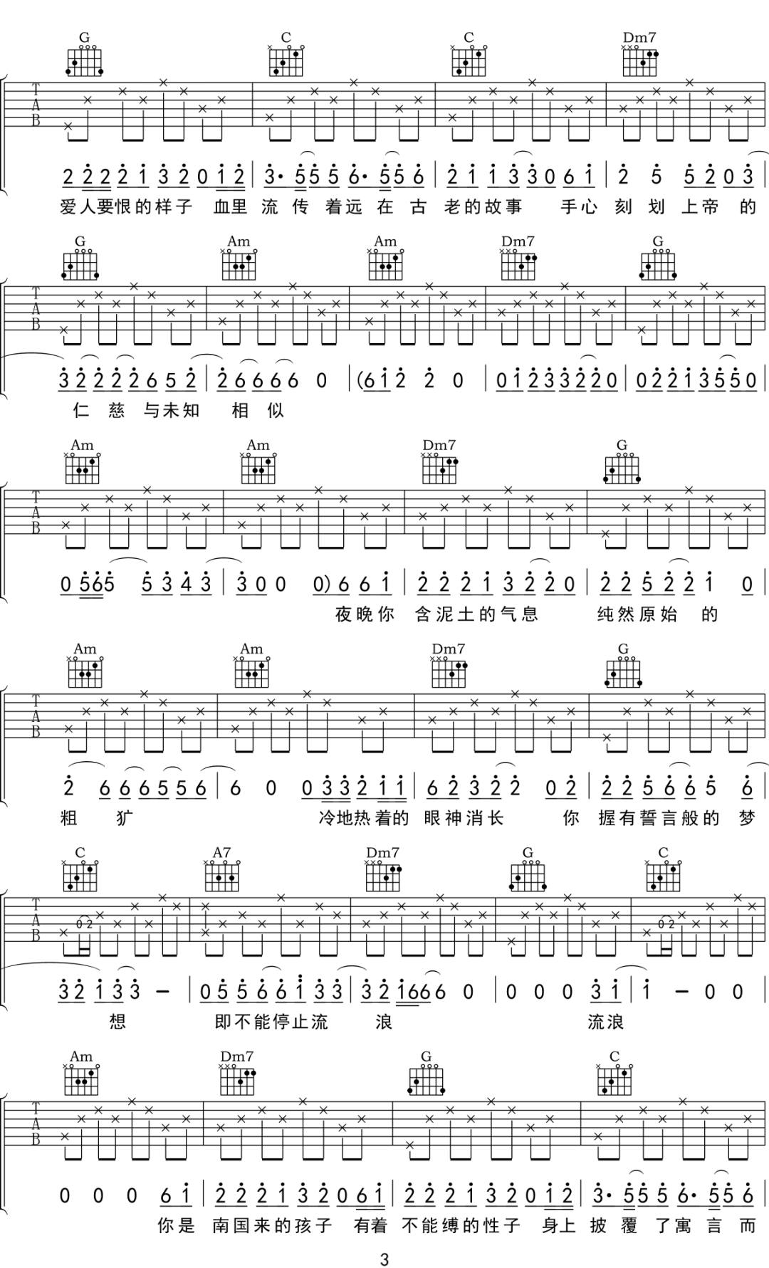 南国的孩子吉他谱3-张悬-C调指法