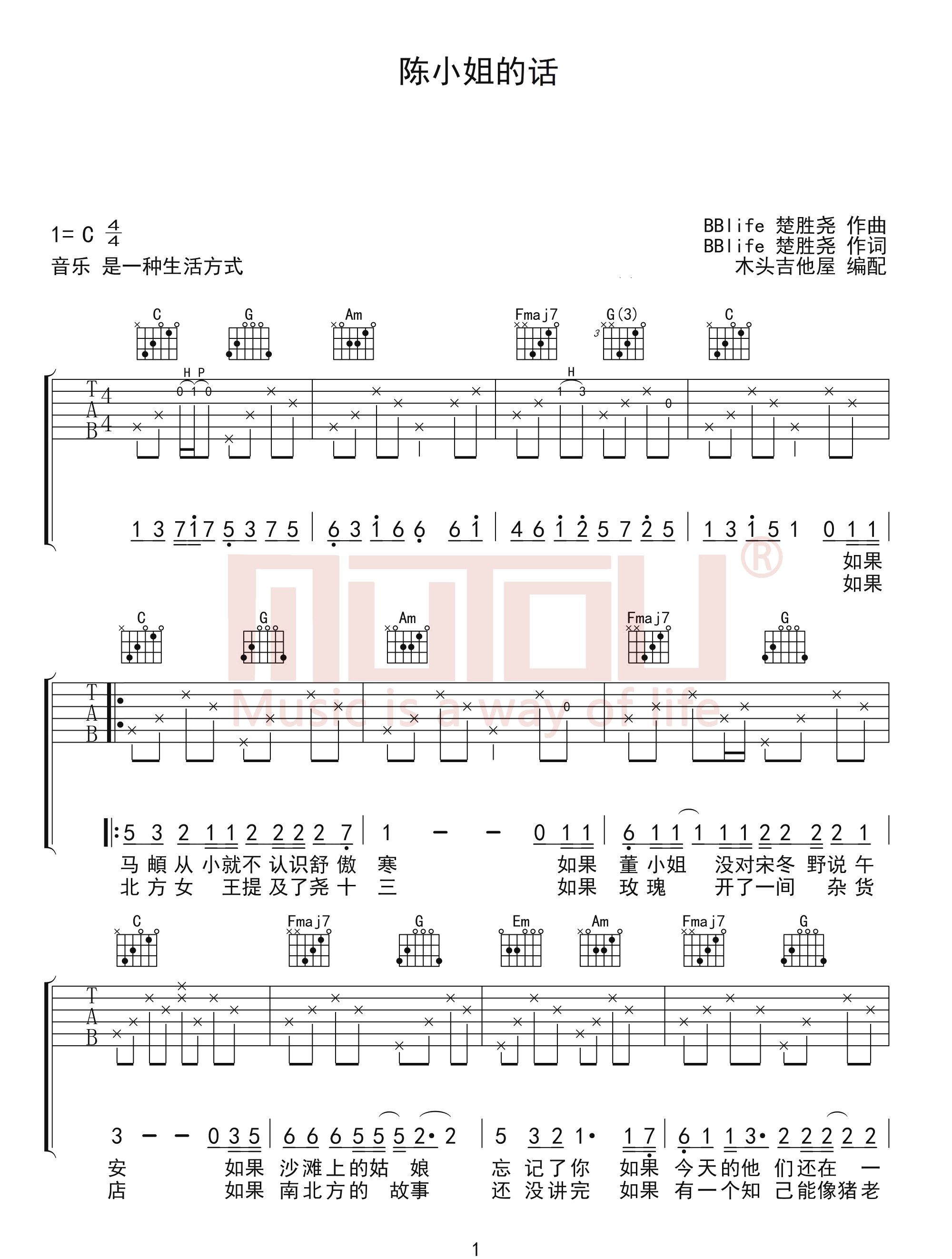 陈小姐的话吉他谱1-楚胜尧-C调指法