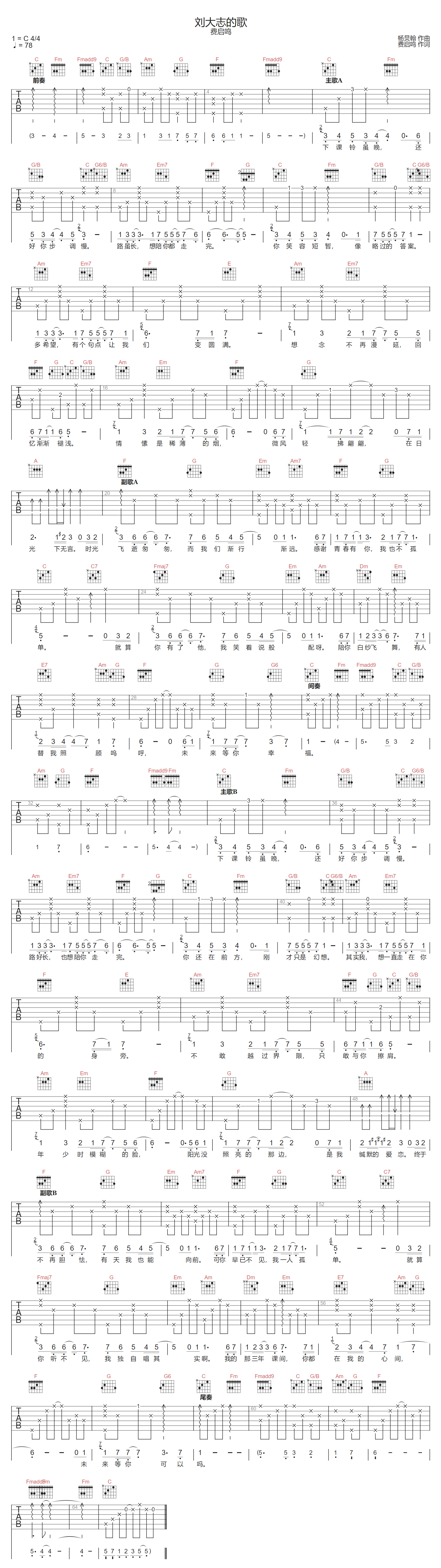 刘大志的歌吉他谱-费启鸣-C调指法