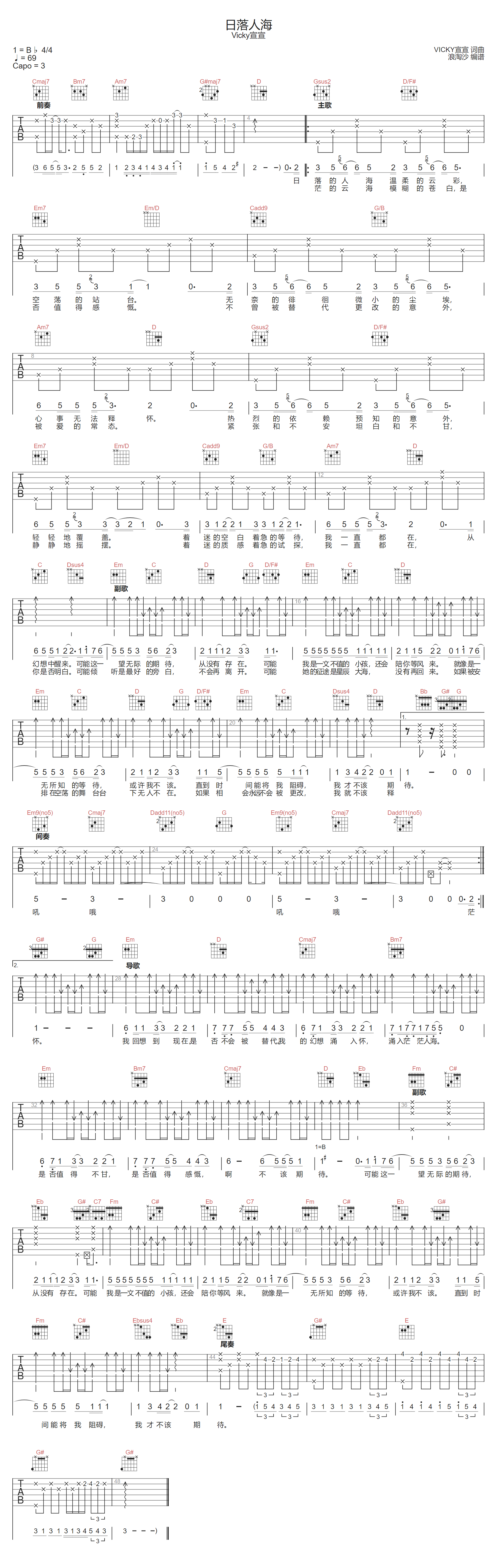 日落人海吉他谱-Vicky宣宣-G调指法
