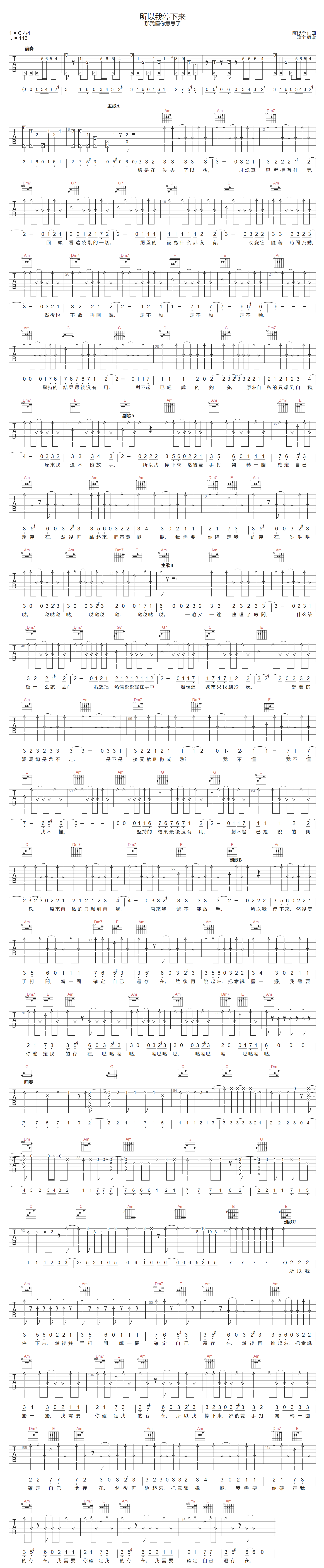 所以我停下来吉他谱-那我懂你意思了-C调指法