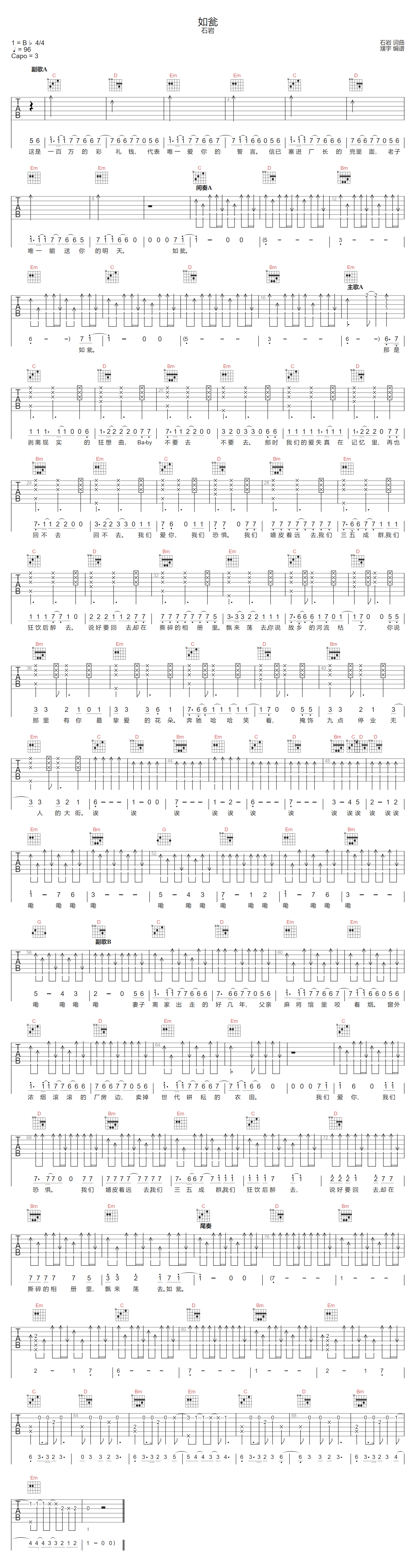 如瓮吉他谱-石岩-G调指法