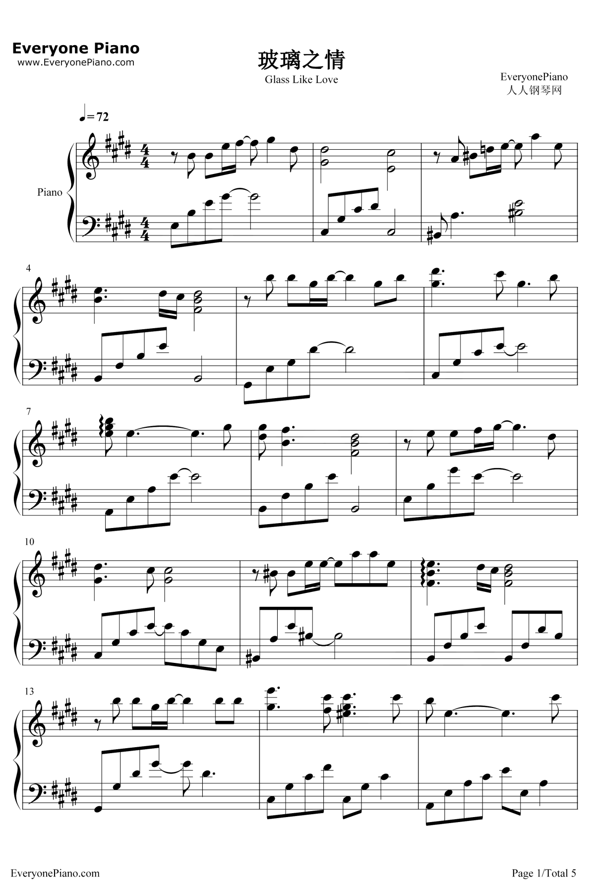 玻璃之情钢琴谱1-张国荣