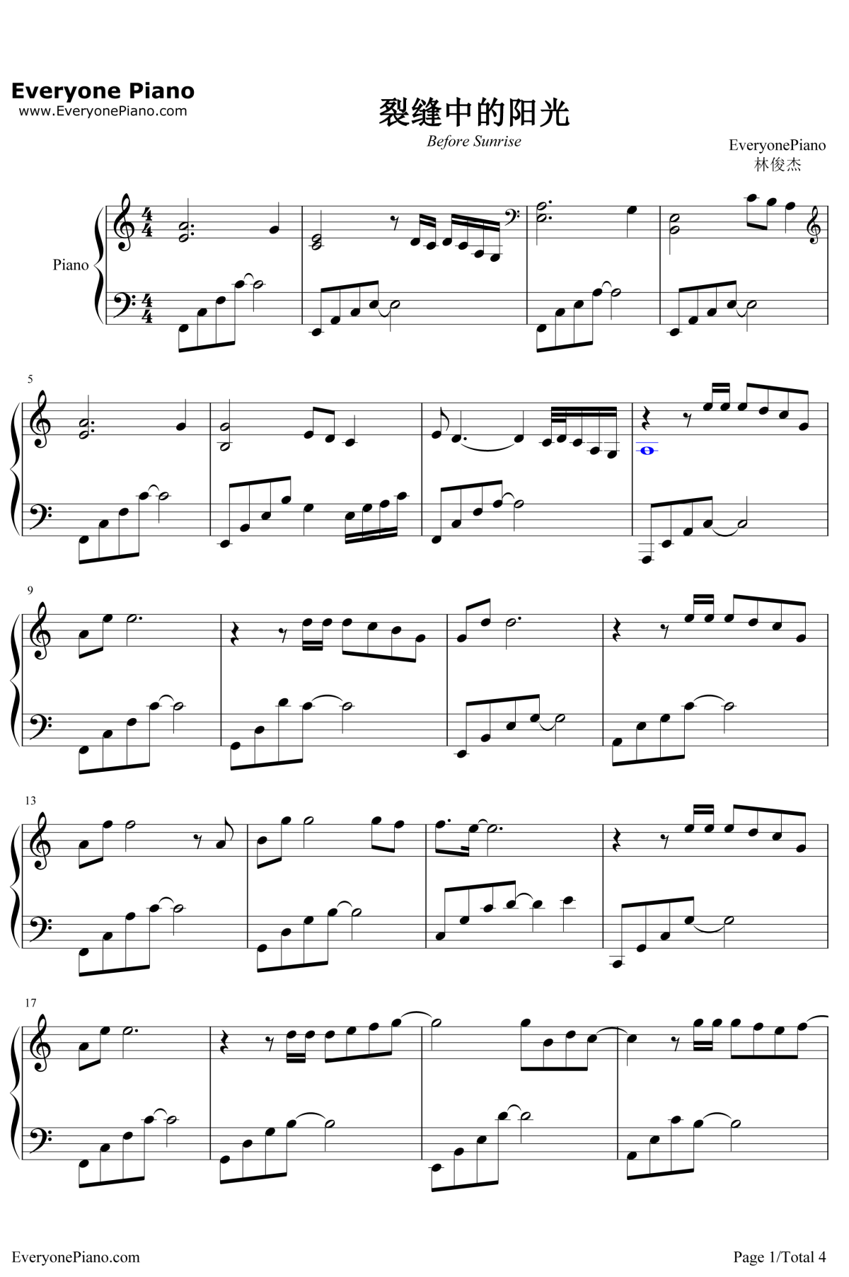 裂缝中的阳光钢琴谱1-林俊杰