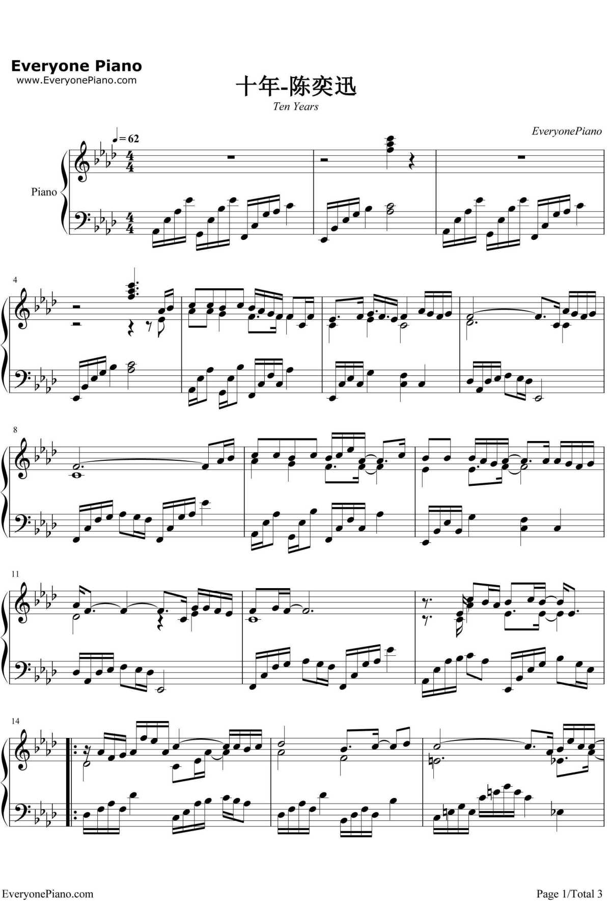 十年钢琴谱1-陈奕迅