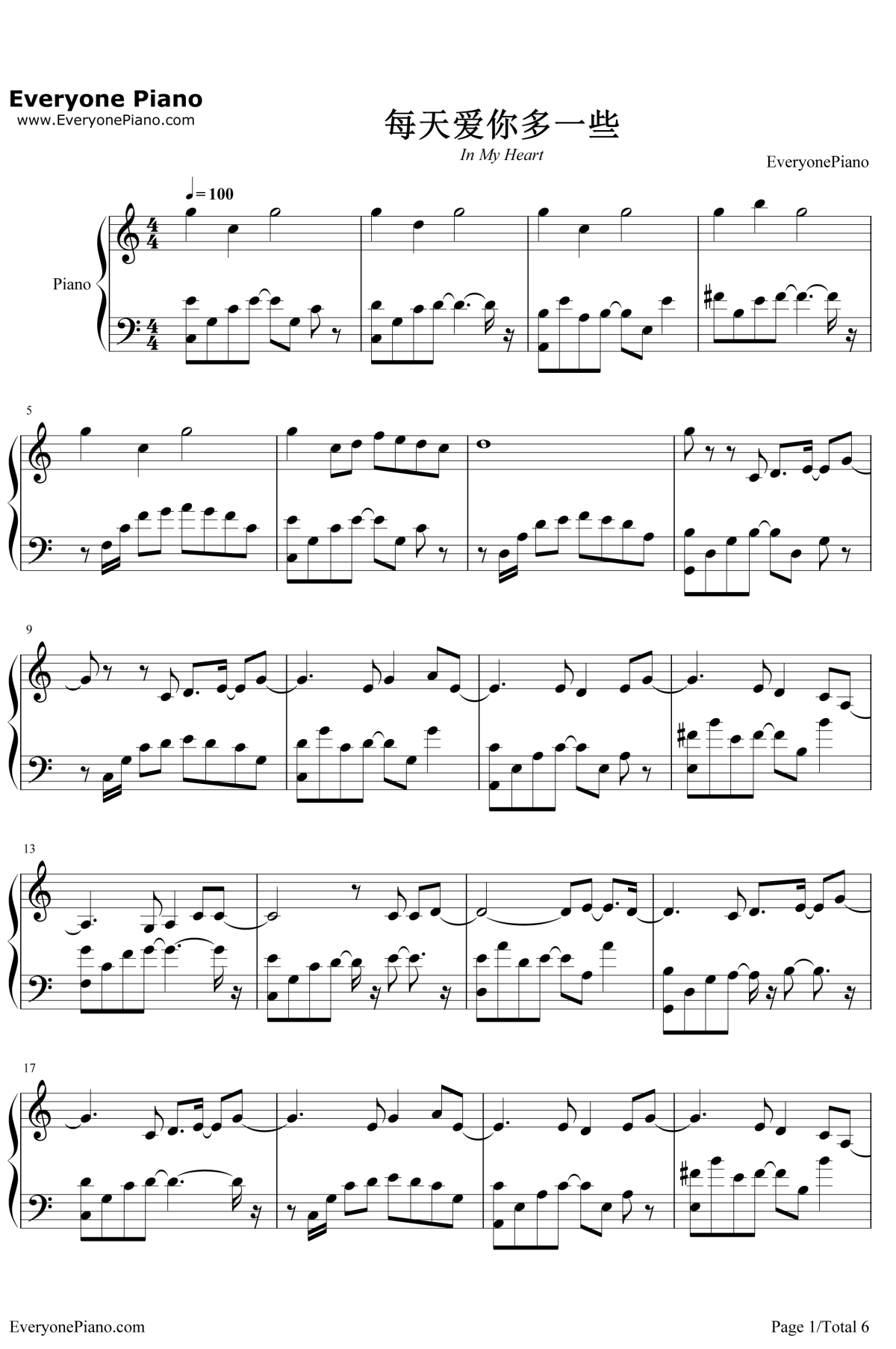 每天爱你多一些钢琴谱1-张学友