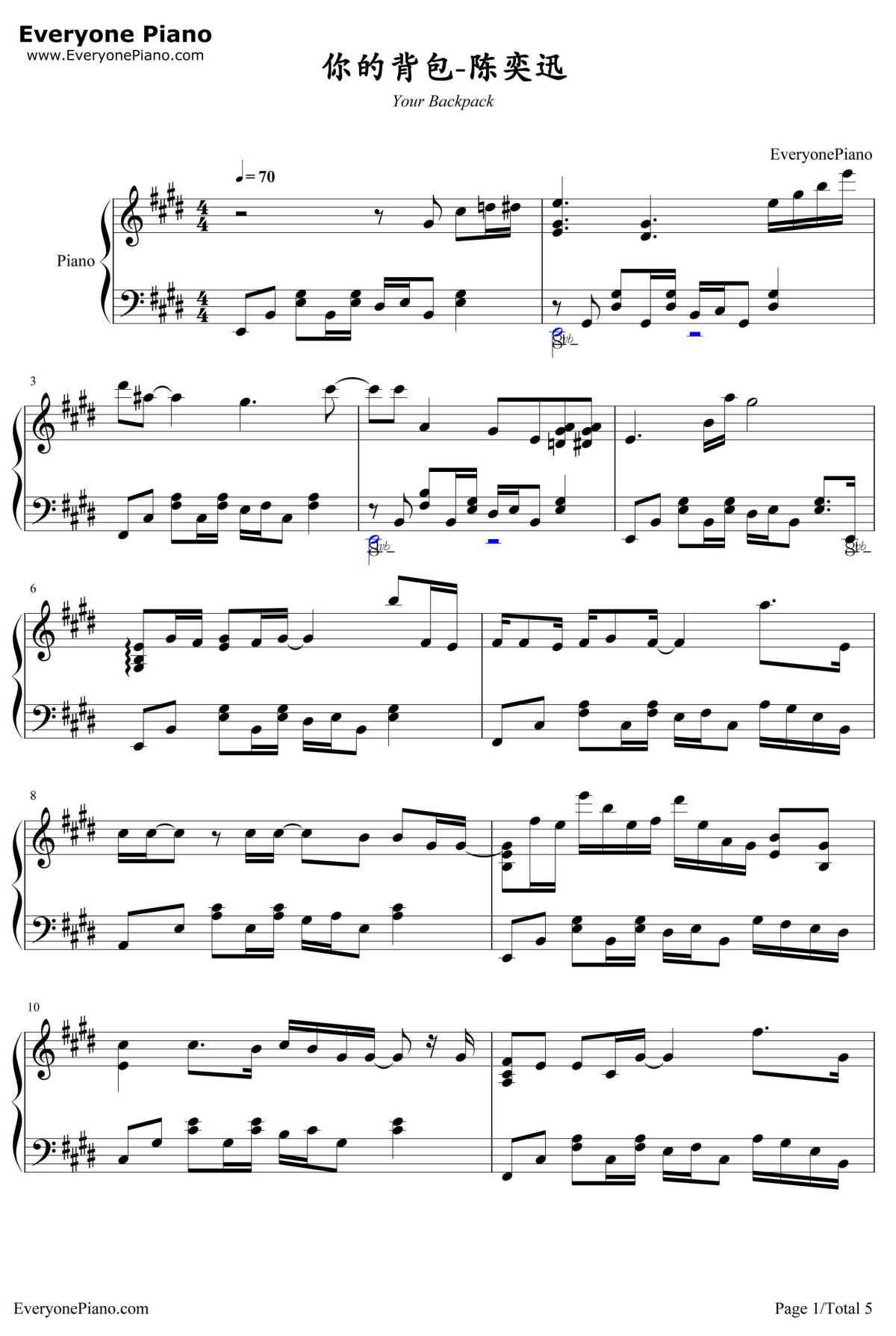 你的背包钢琴谱1-陈奕迅