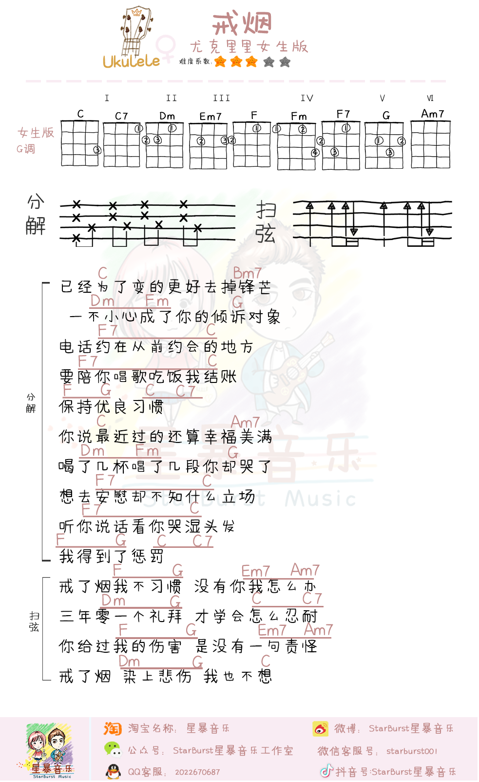 戒烟尤克里里谱-李荣浩-C调指法