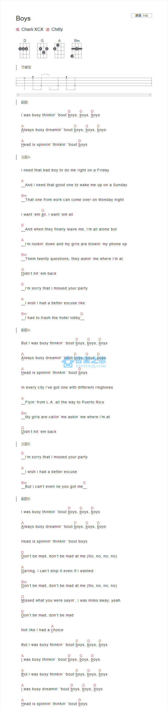 BOYS尤克里里谱-Charli-CXC-D调指法