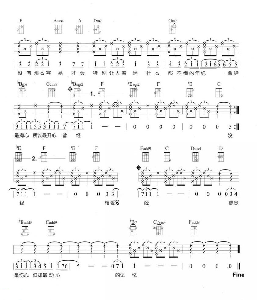 没那么简单尤克里里谱3-黄小琥-F调指法