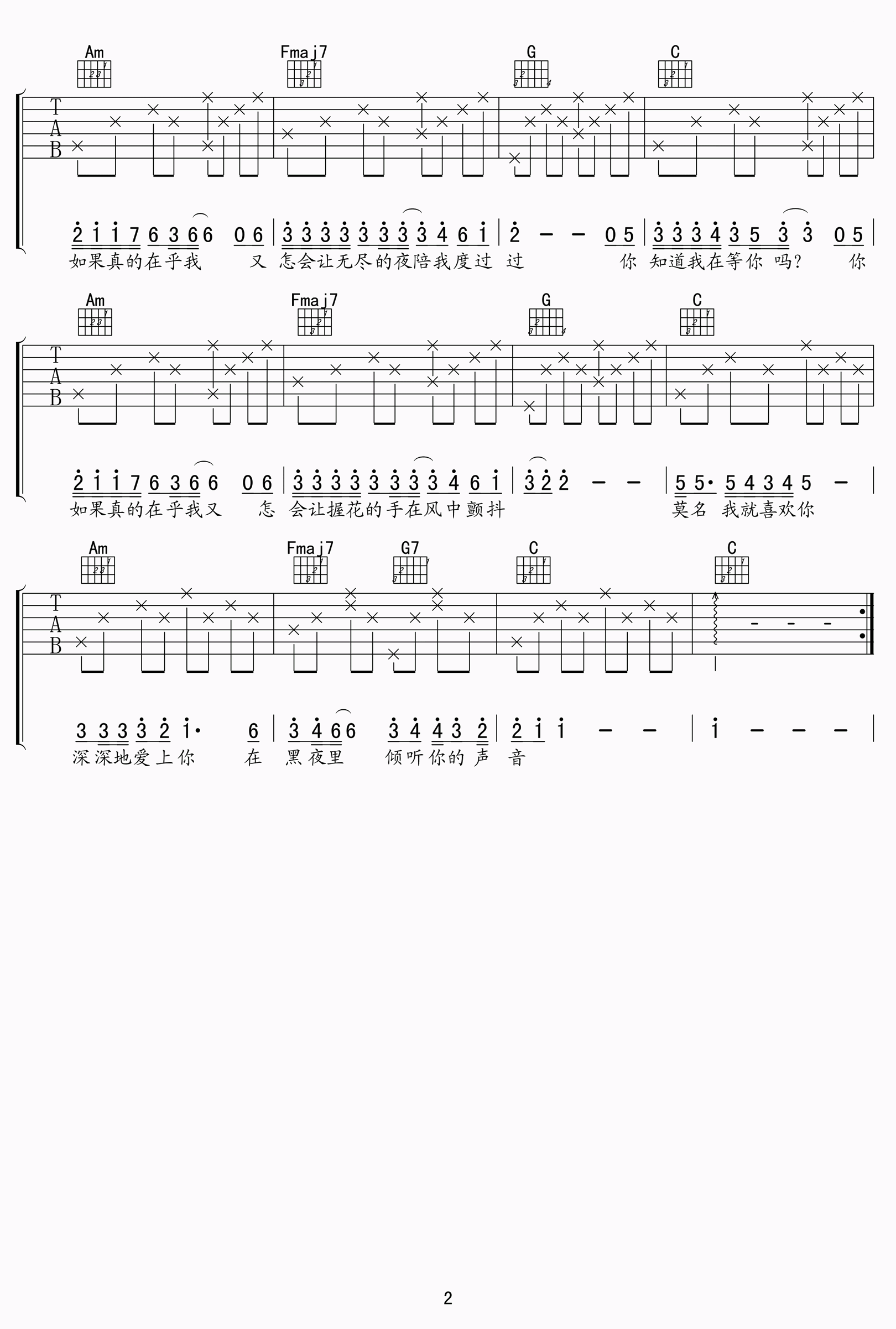 你知道我在等你吗吉他谱_C调高清版_张洪量_弹唱六线谱