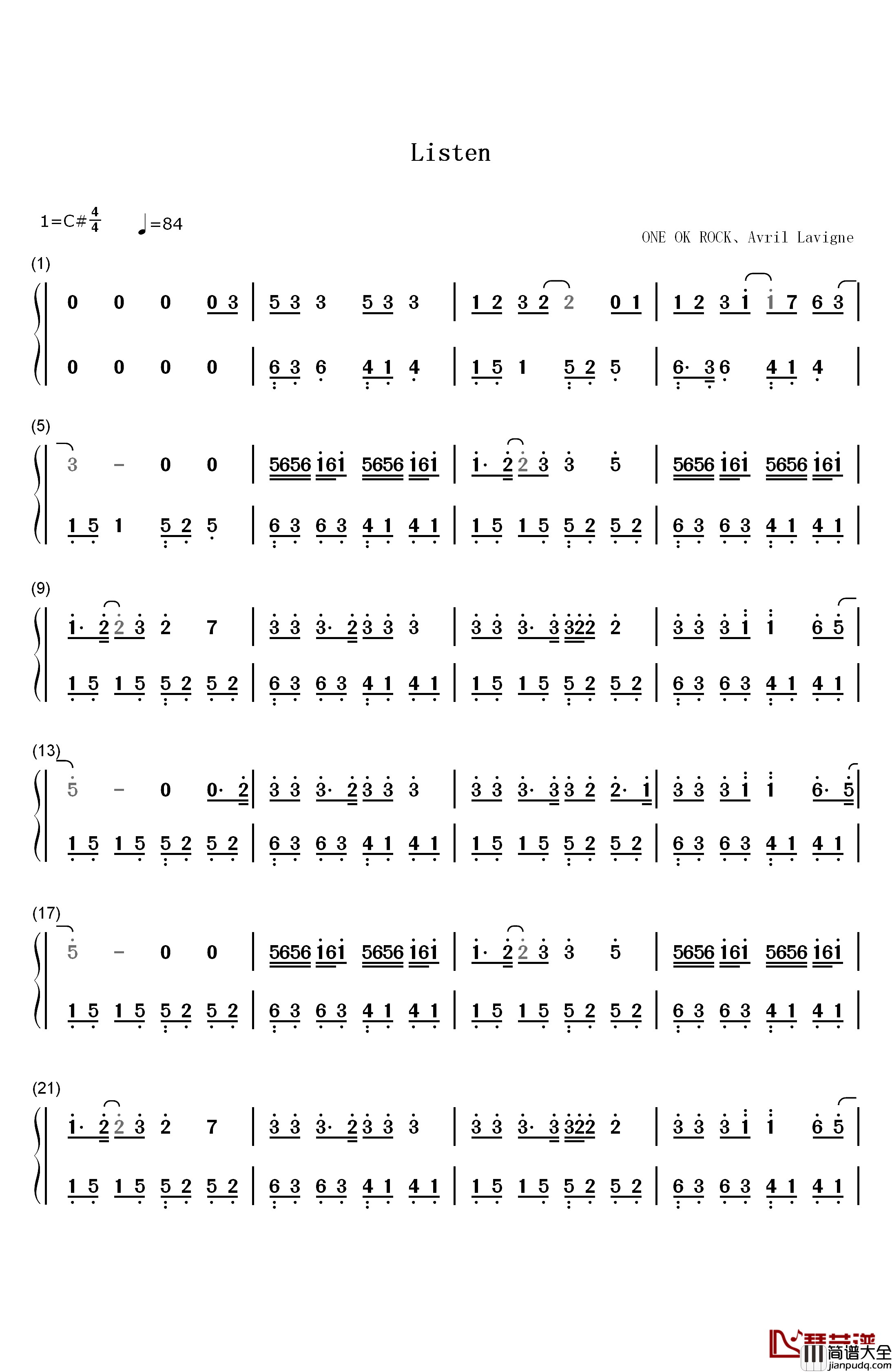 Listen钢琴简谱_数字双手_ONE_OK_ROCK_ft._Avril_Lavigne