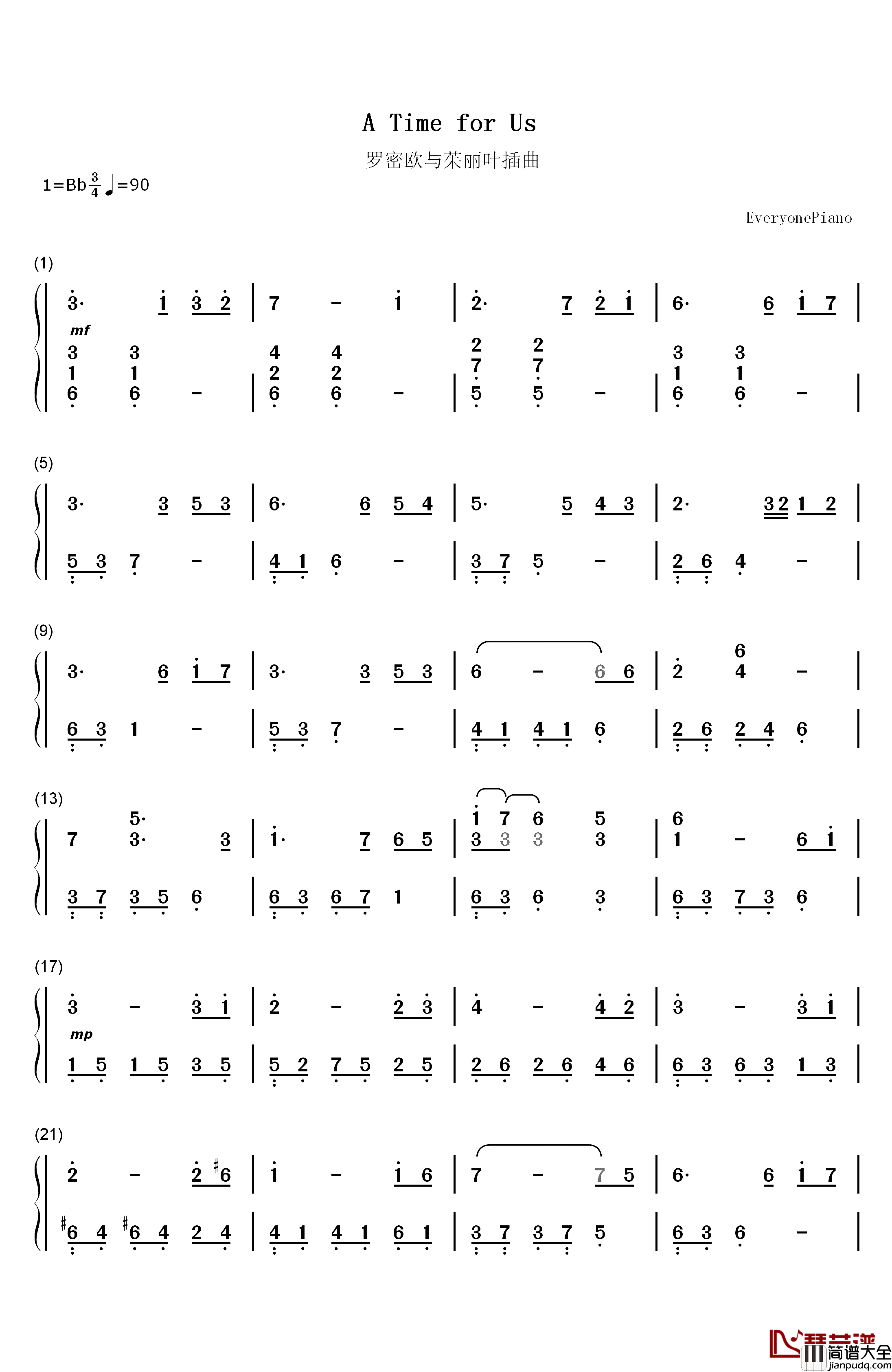 A_Time_For_Us钢琴简谱_数字双手_Andy_Williams
