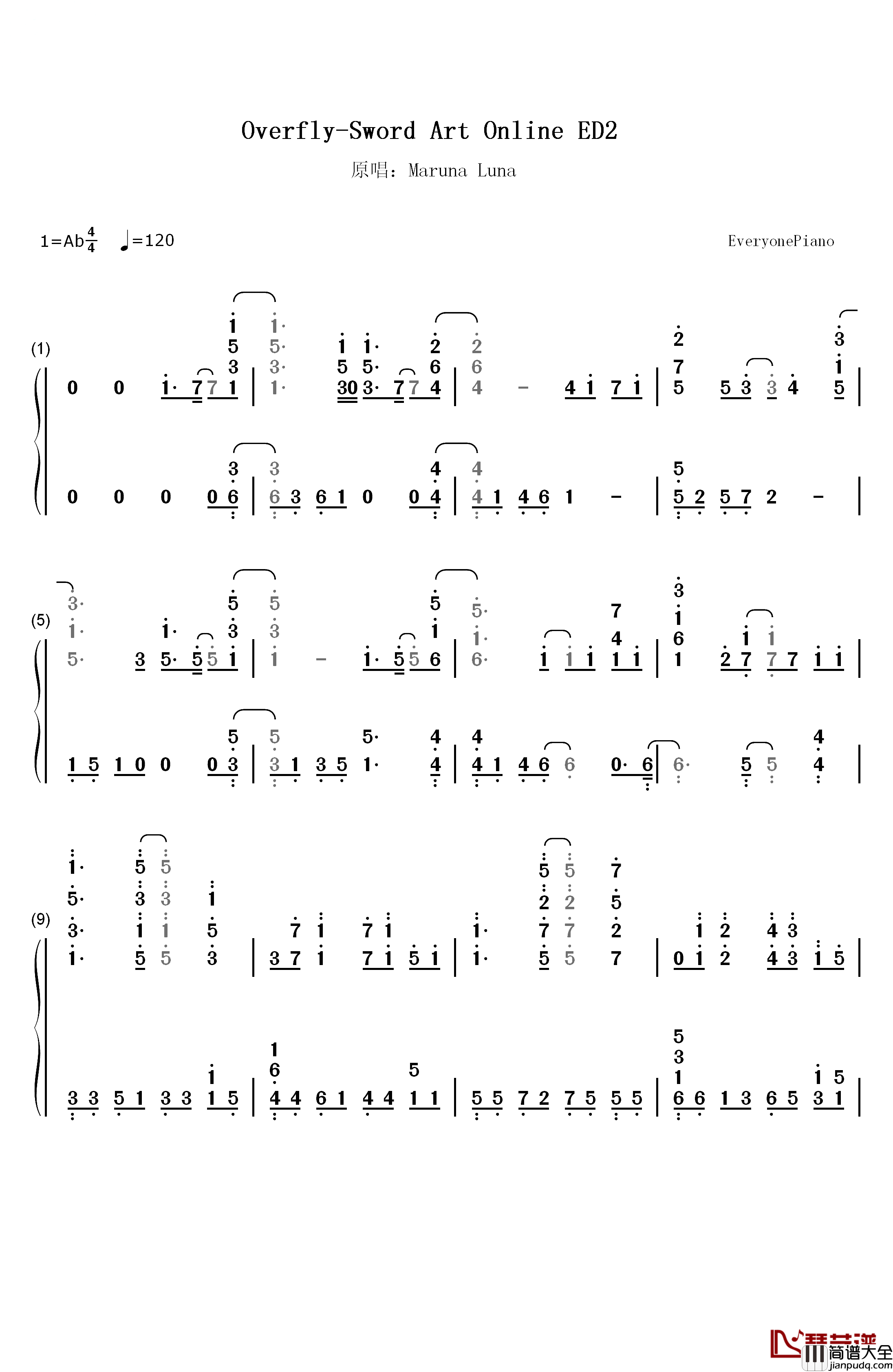 Overfly钢琴简谱_数字双手_春奈露娜